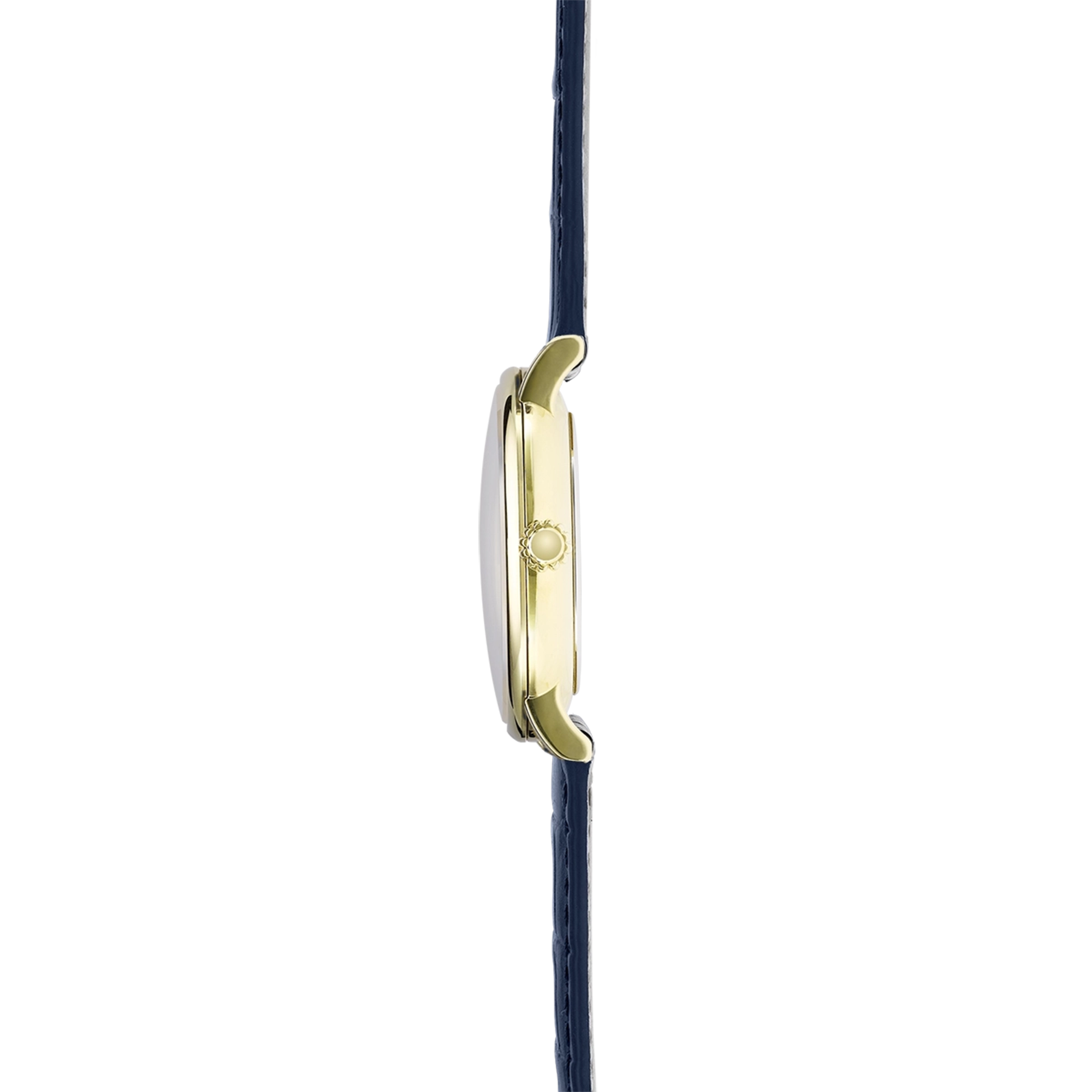 Vue de profil, tranche acier PVD or jaune, couronne et attaches du bracelet cuir