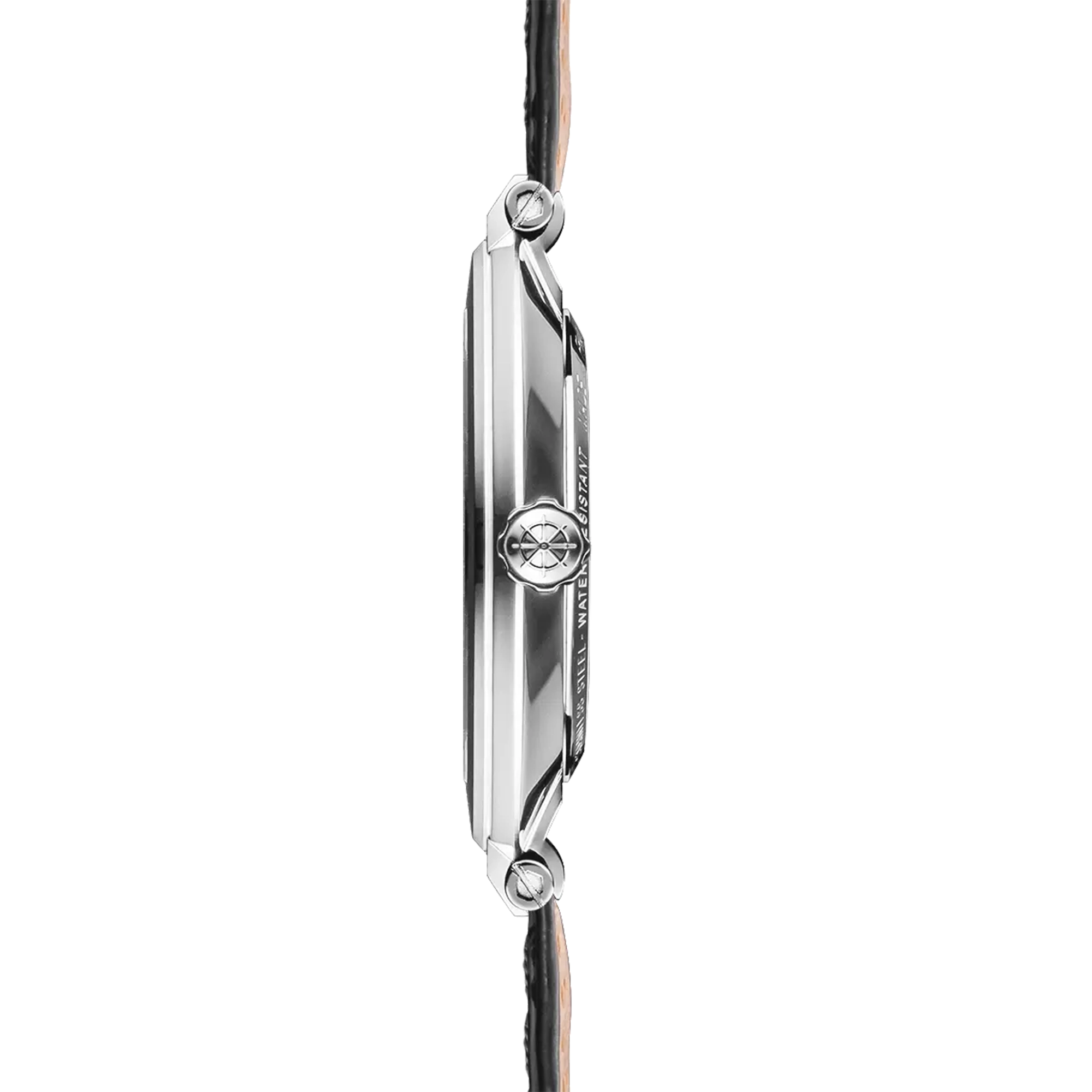 Vue de profil, tranche acier, couronne et attaches du bracelet cuir