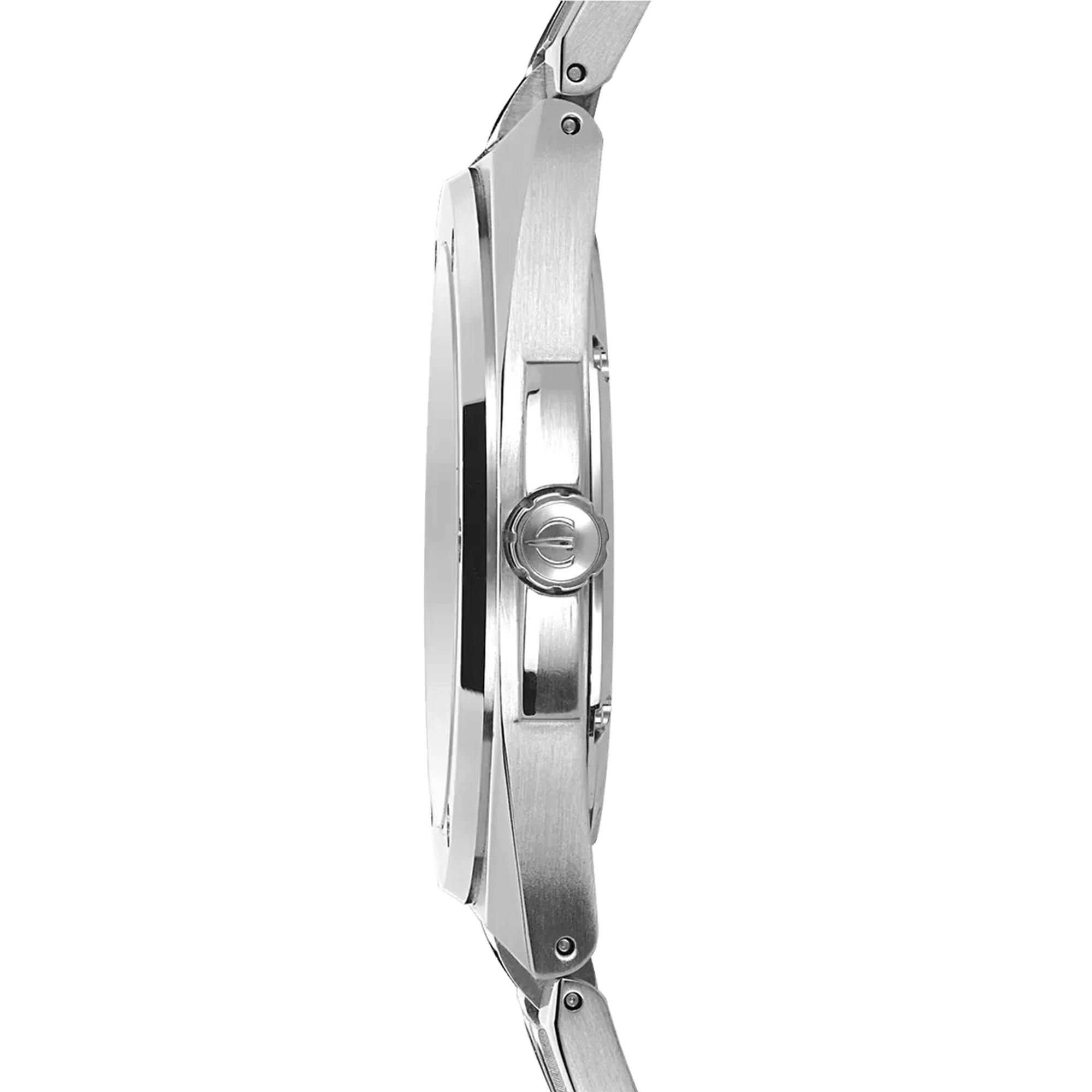 Vue de profil, tranche acier, couronne et attaches du bracelet acier