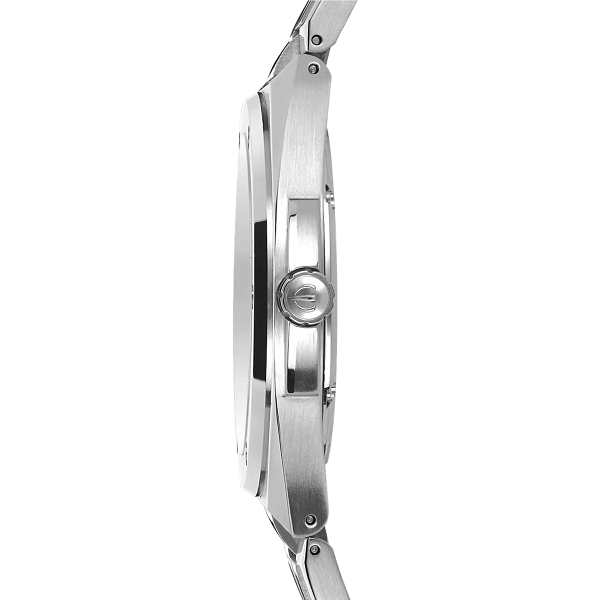 Profile view, steel caseband, crown and steel bracelet attachments