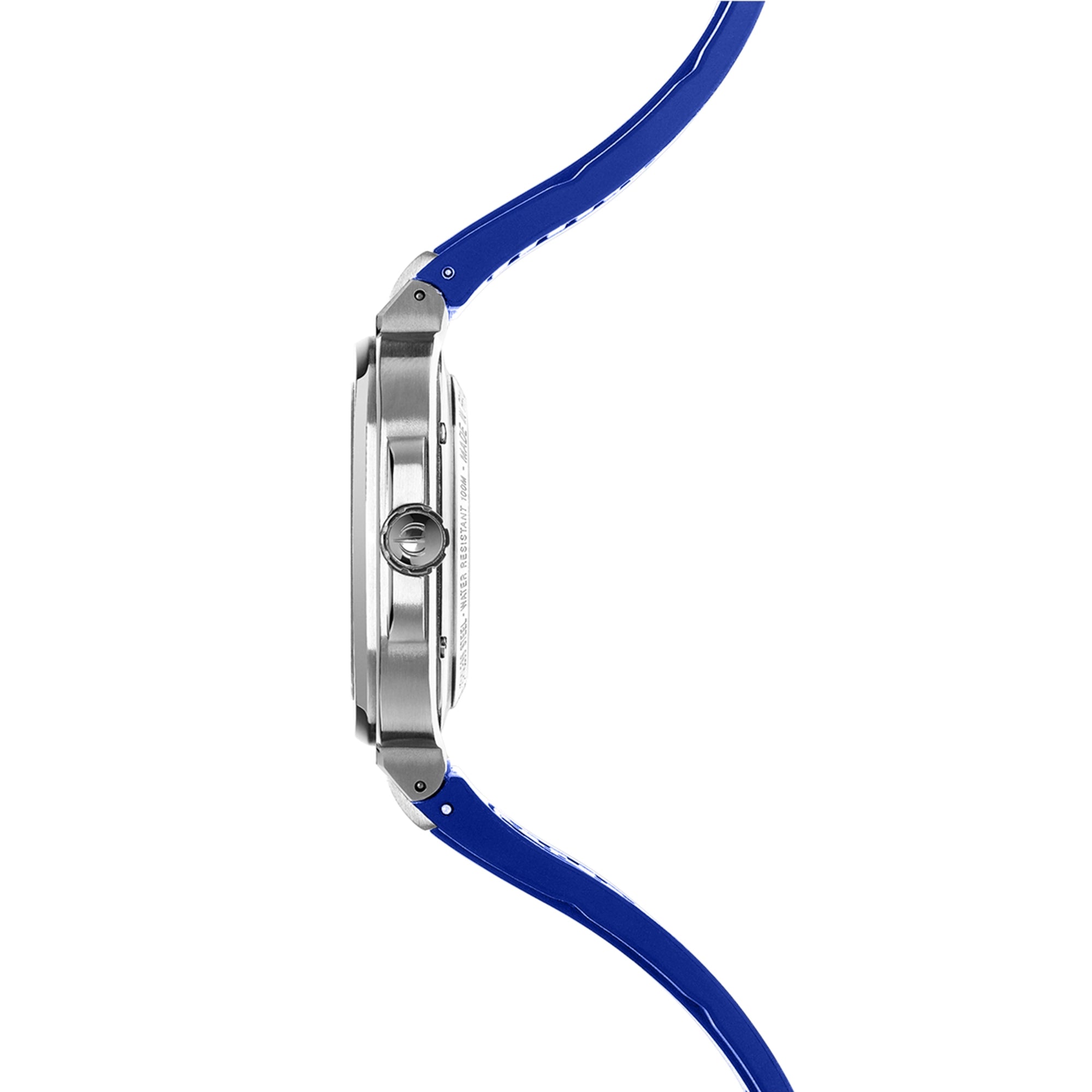 Vue de profil, tranche acier, couronne et attaches du bracelet caoutchouc