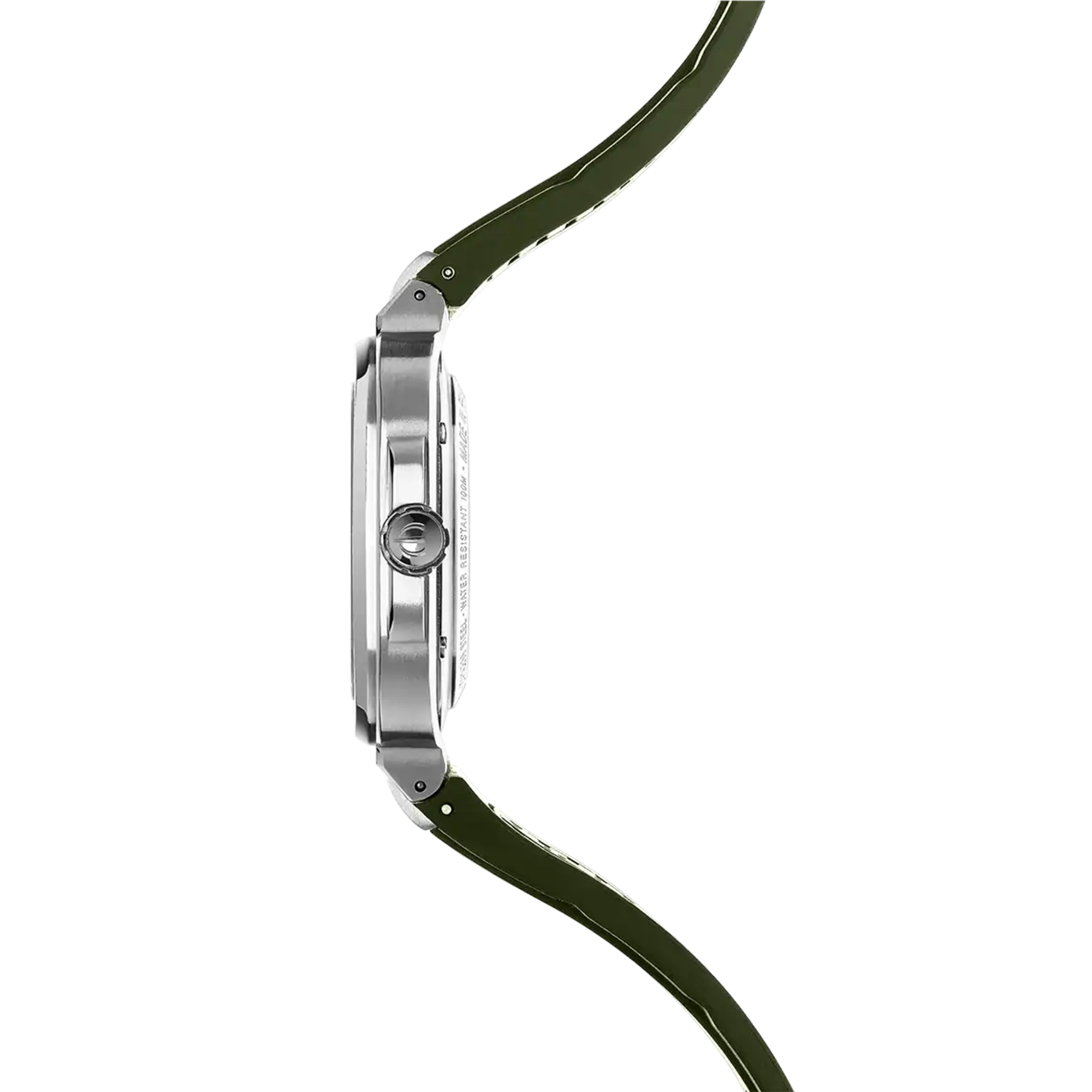 Vue de profil, tranche acier, couronne et attaches du bracelet caoutchouc
