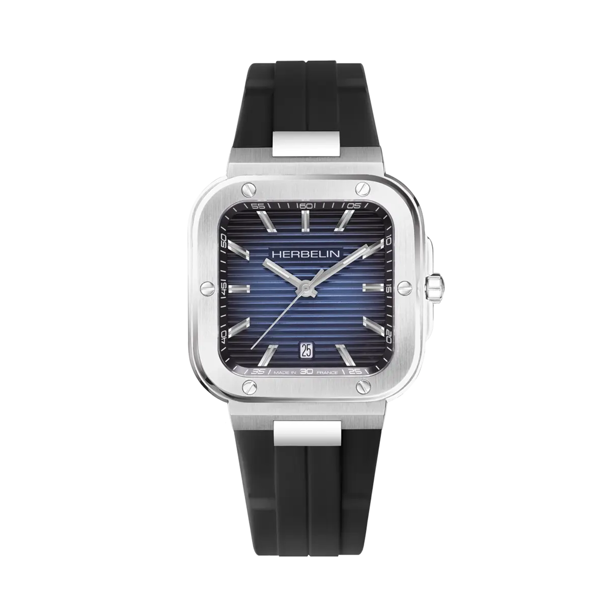 Cap Camarat, cadran bleu dégradé, boîtier carré acier, bracelet caoutchouc