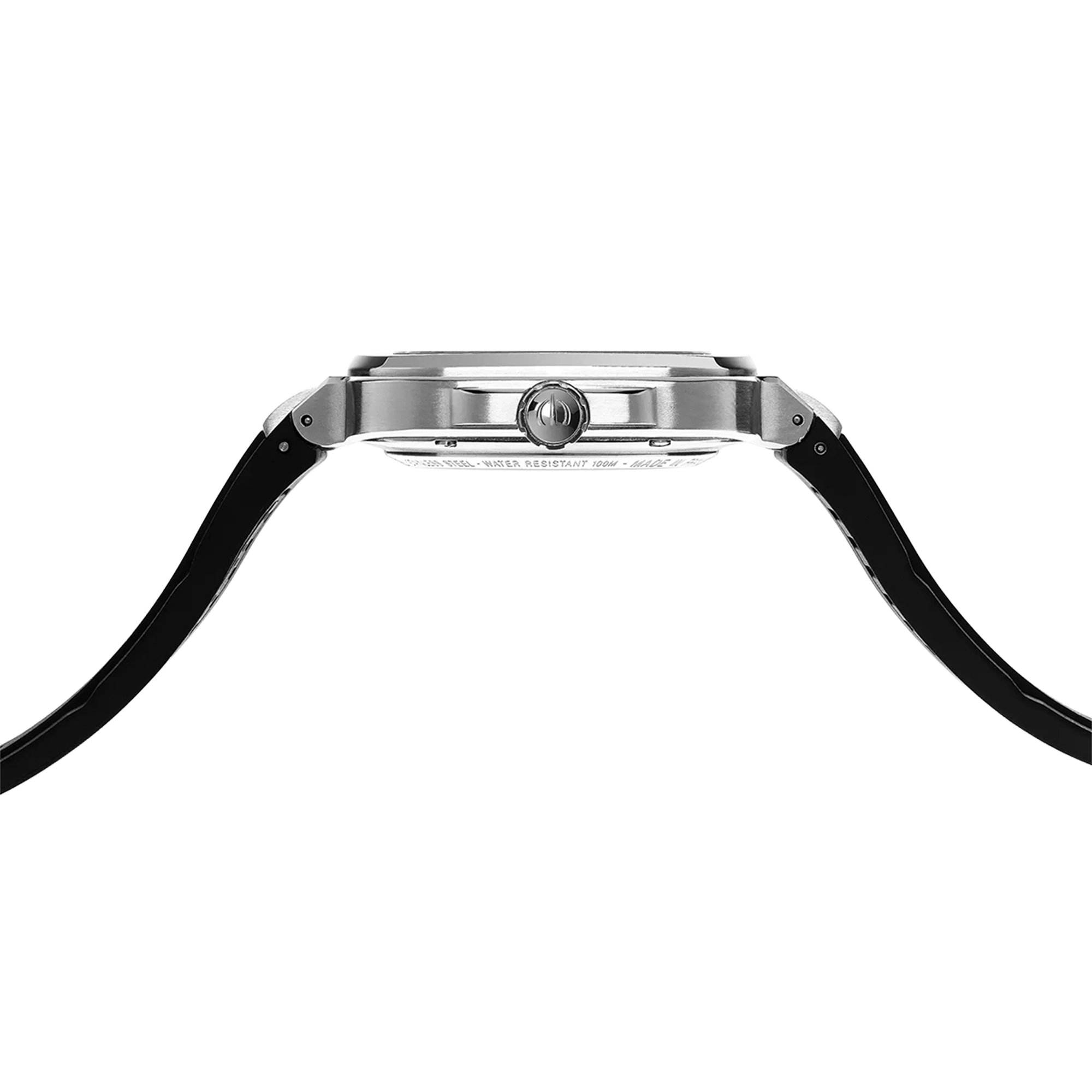Vue de profil, tranche acier, couronne et attaches du bracelet caoutchouc