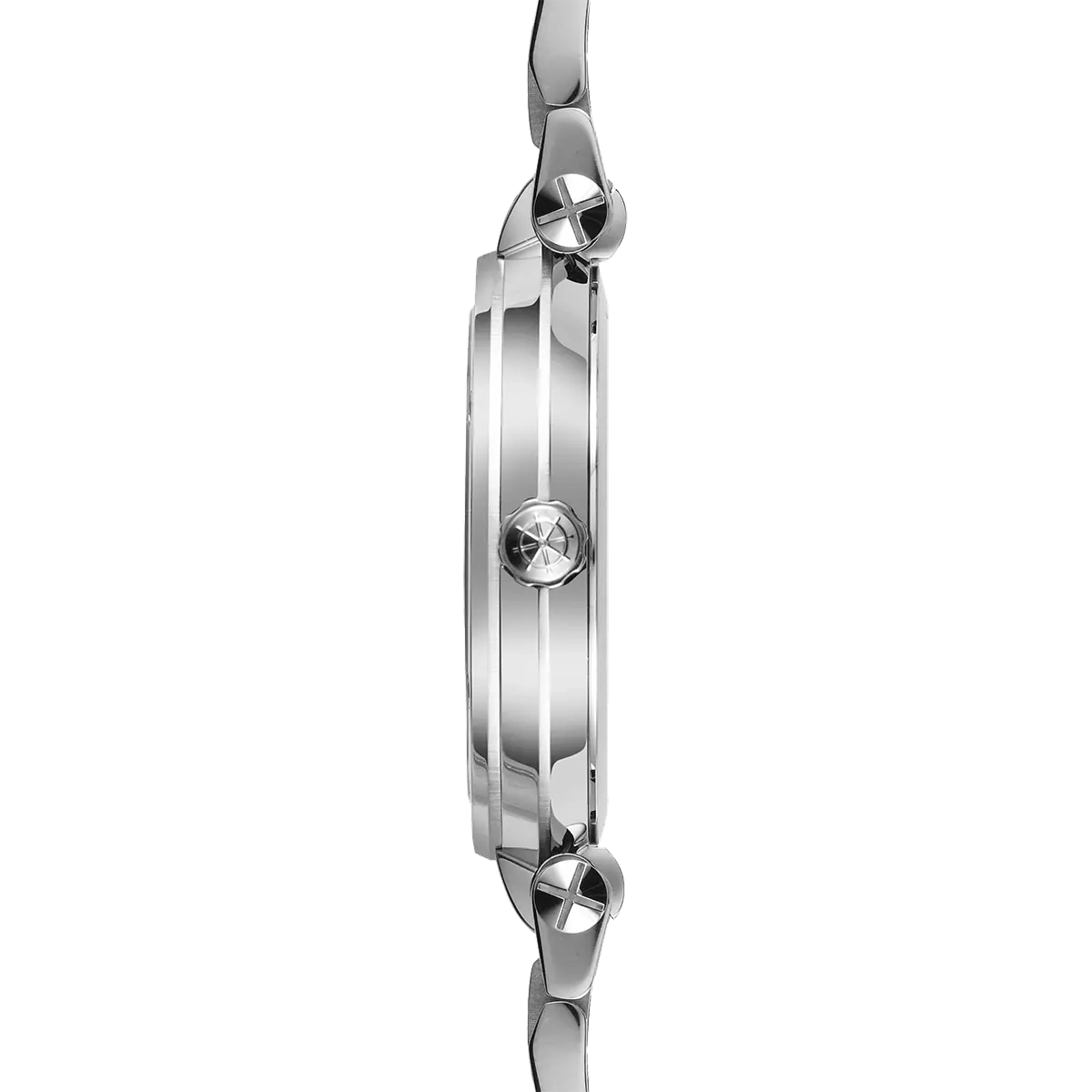 Vue de profil, tranche acier, couronne et attaches du bracelet acier