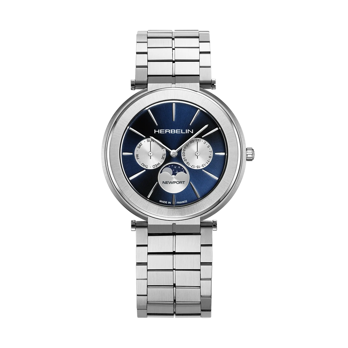 Newport Mondphase, blaues Zifferblatt, rundes Stahlgehäuse, Lederarmband