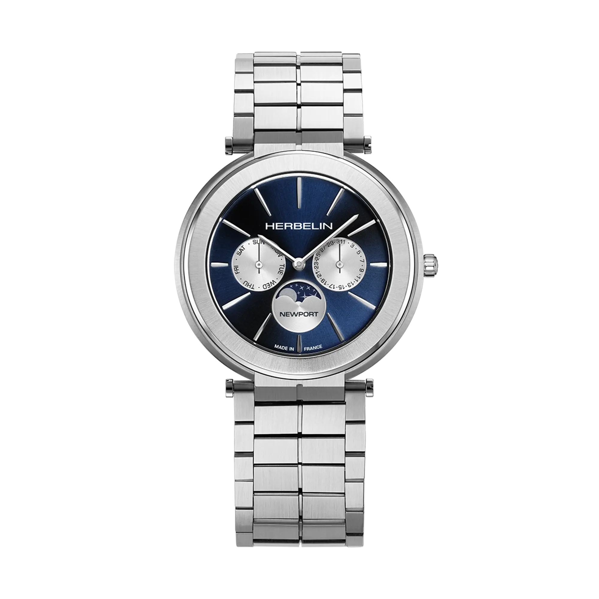 Newport phase de lune, cadran bleu, boîtier acier rond, bracelet cuir