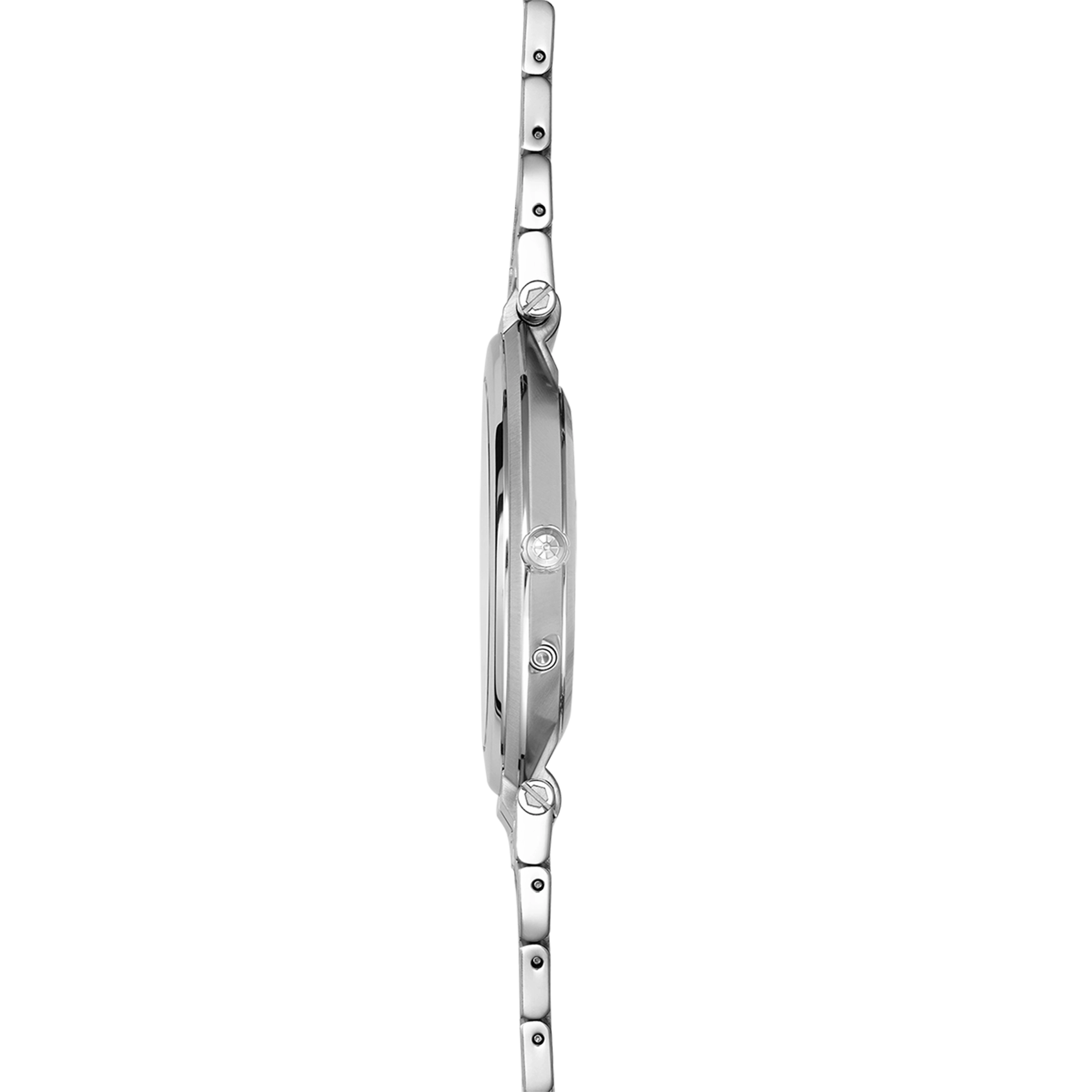 Vue de profil, tranche acier, couronne et attaches du bracelet cuir