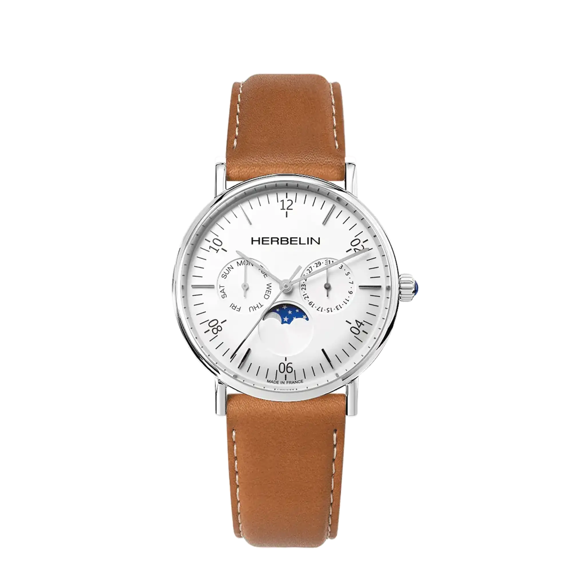 Inspiration, cadran blanc, boîtier acier rond, bracelet cuir