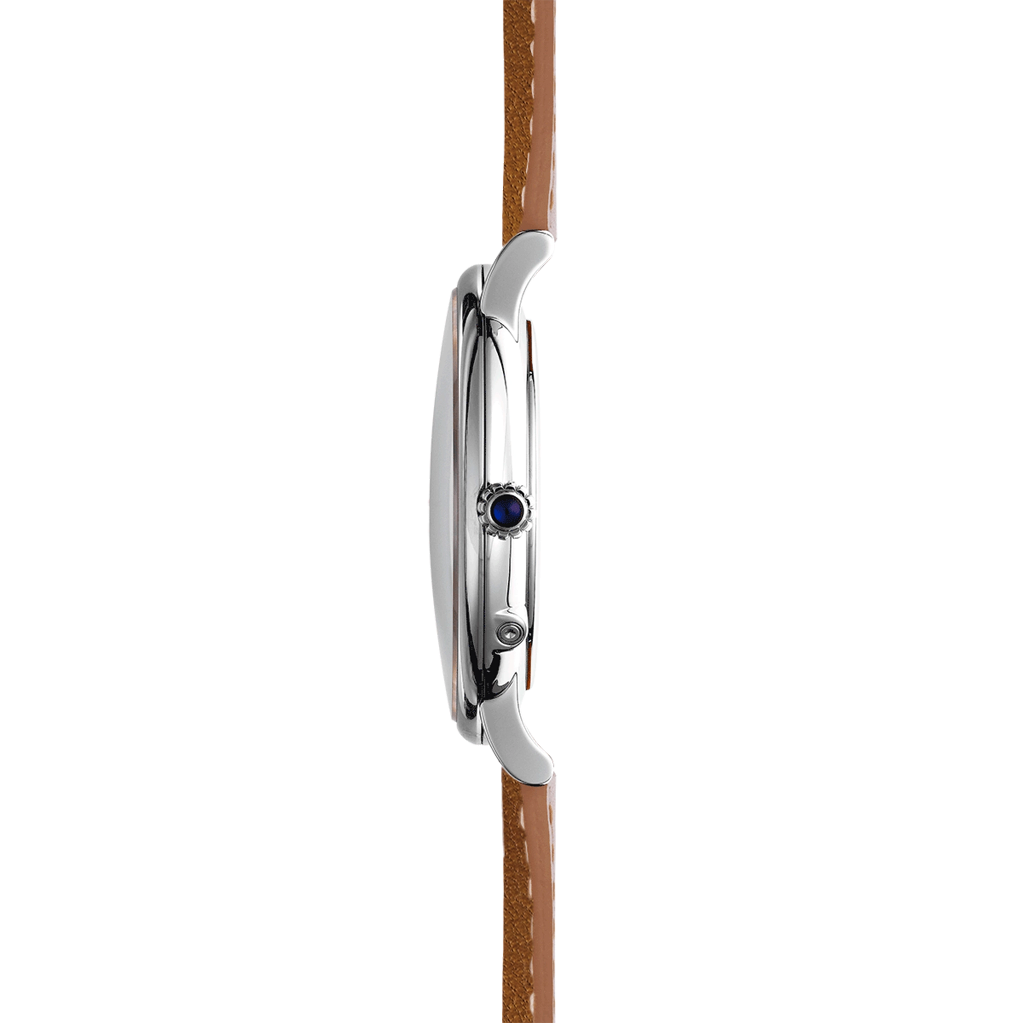 Vue de profil, tranche acier, couronne et attaches du bracelet cuir
