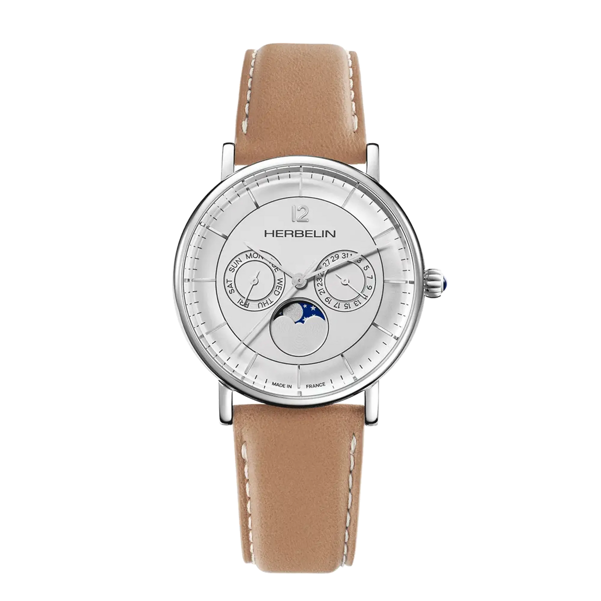 Mondphasen-Inspiration, Zifferblatt weiß gebürstet, rundes Stahlgehäuse, Lederarmband