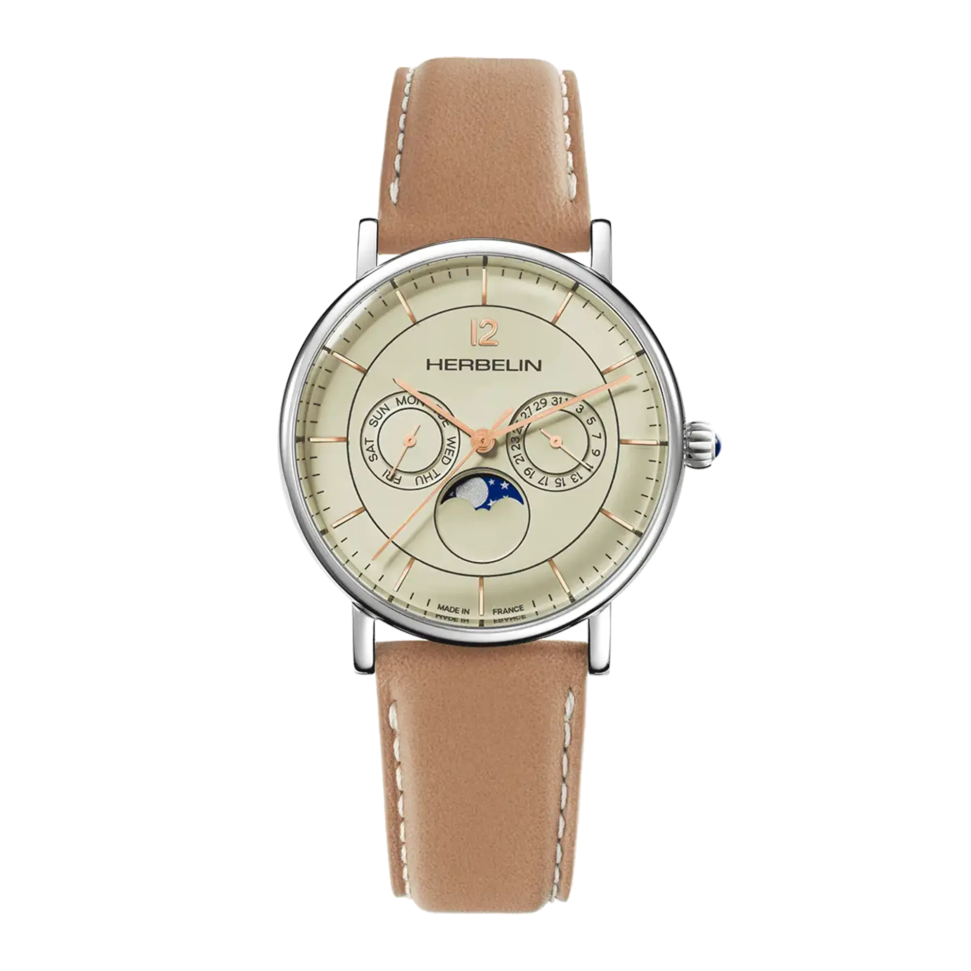 Inspiration phase de lune, cadran coquille d'œuf, boîtier acier rond, bracelet cuir