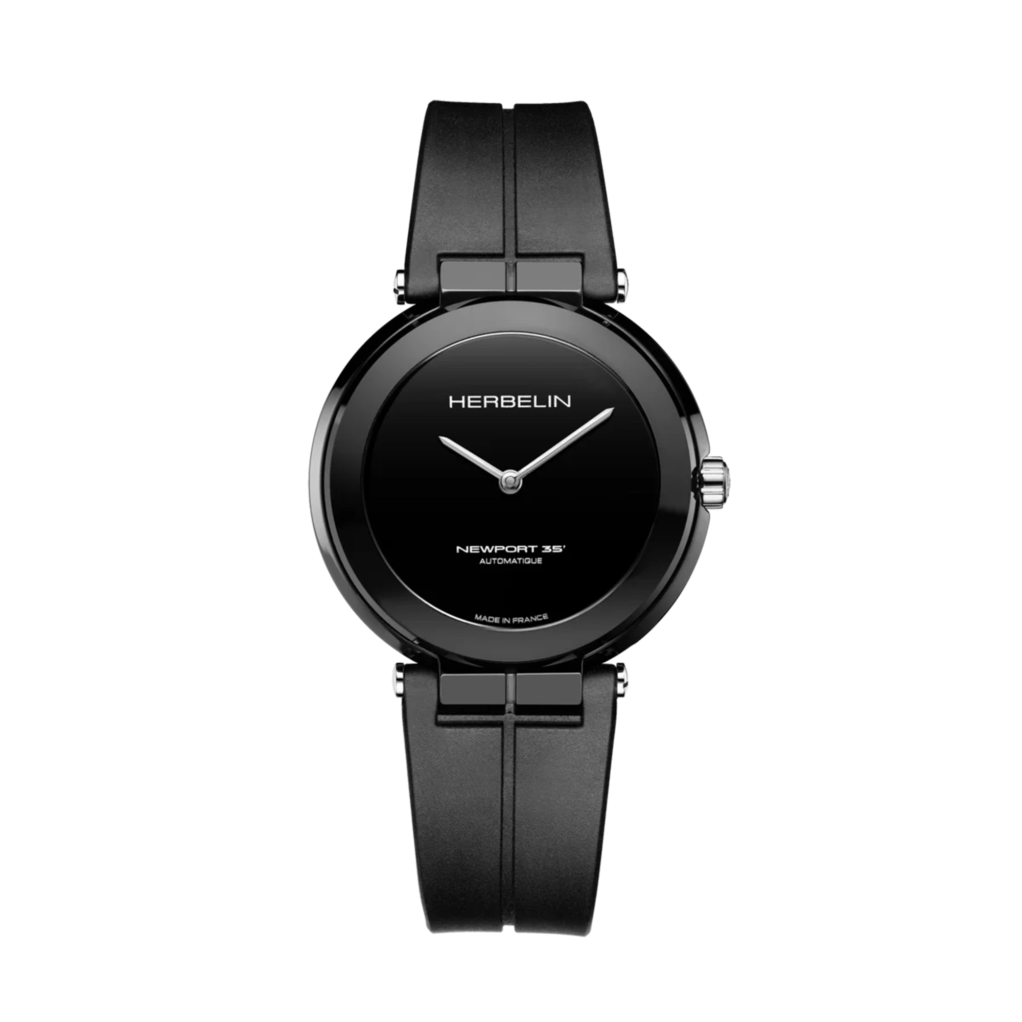 Newport, cadran céramique noire polie, boîtier céramique rond, bracelet caoutchouc