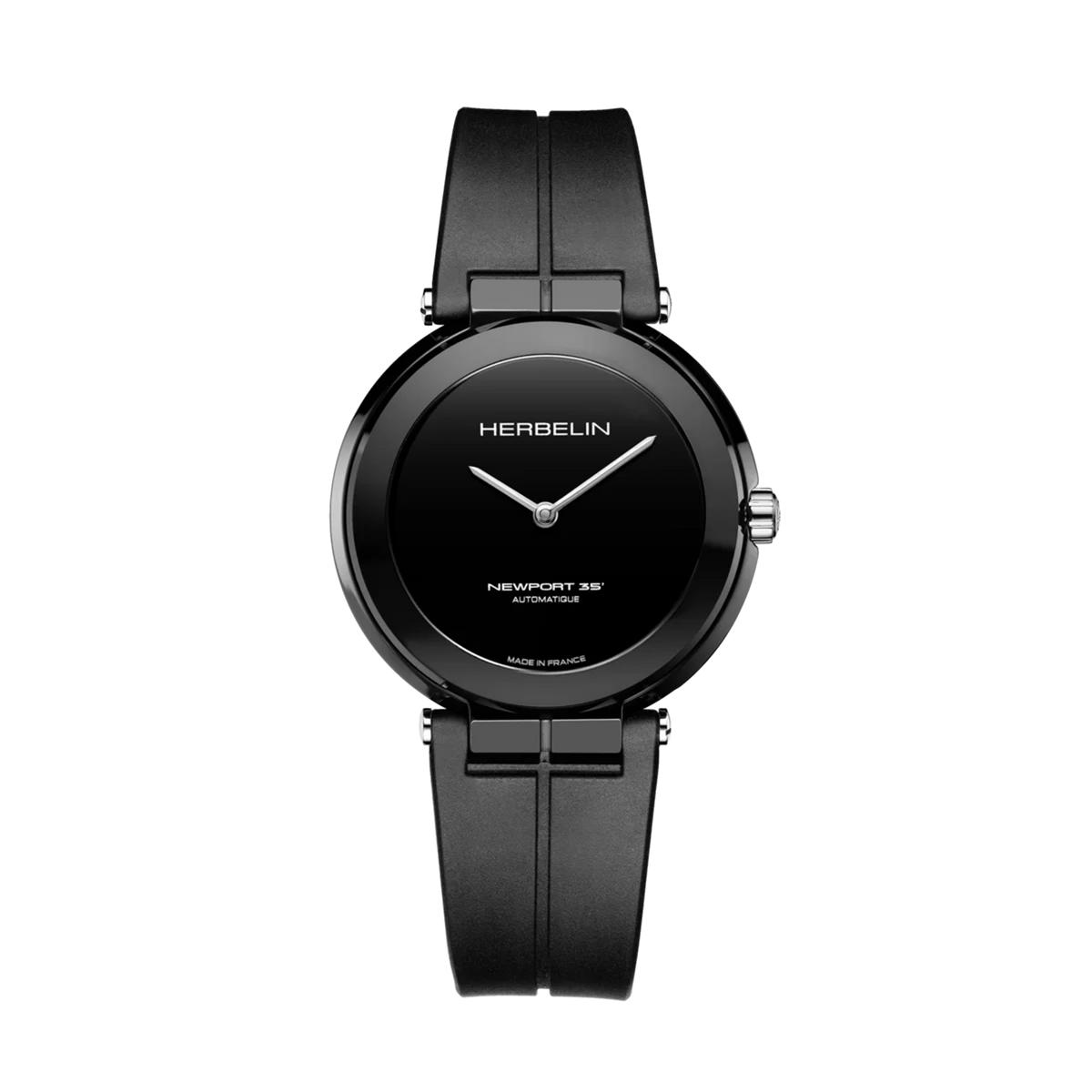 Newport, polished black ceramic dial, round ceramic case, rubber strap