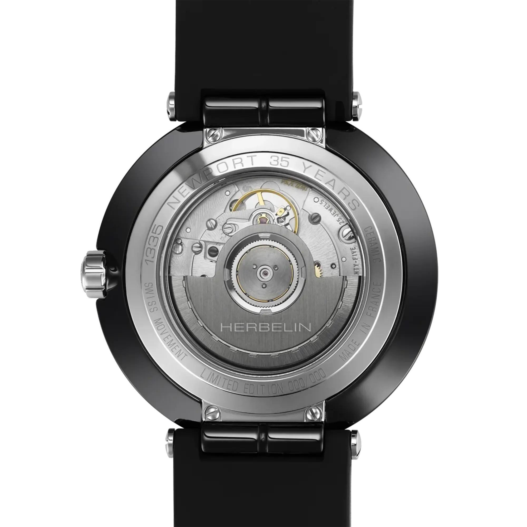 Dos de la Newport, fond céramique avec mécanisme automatique apparent