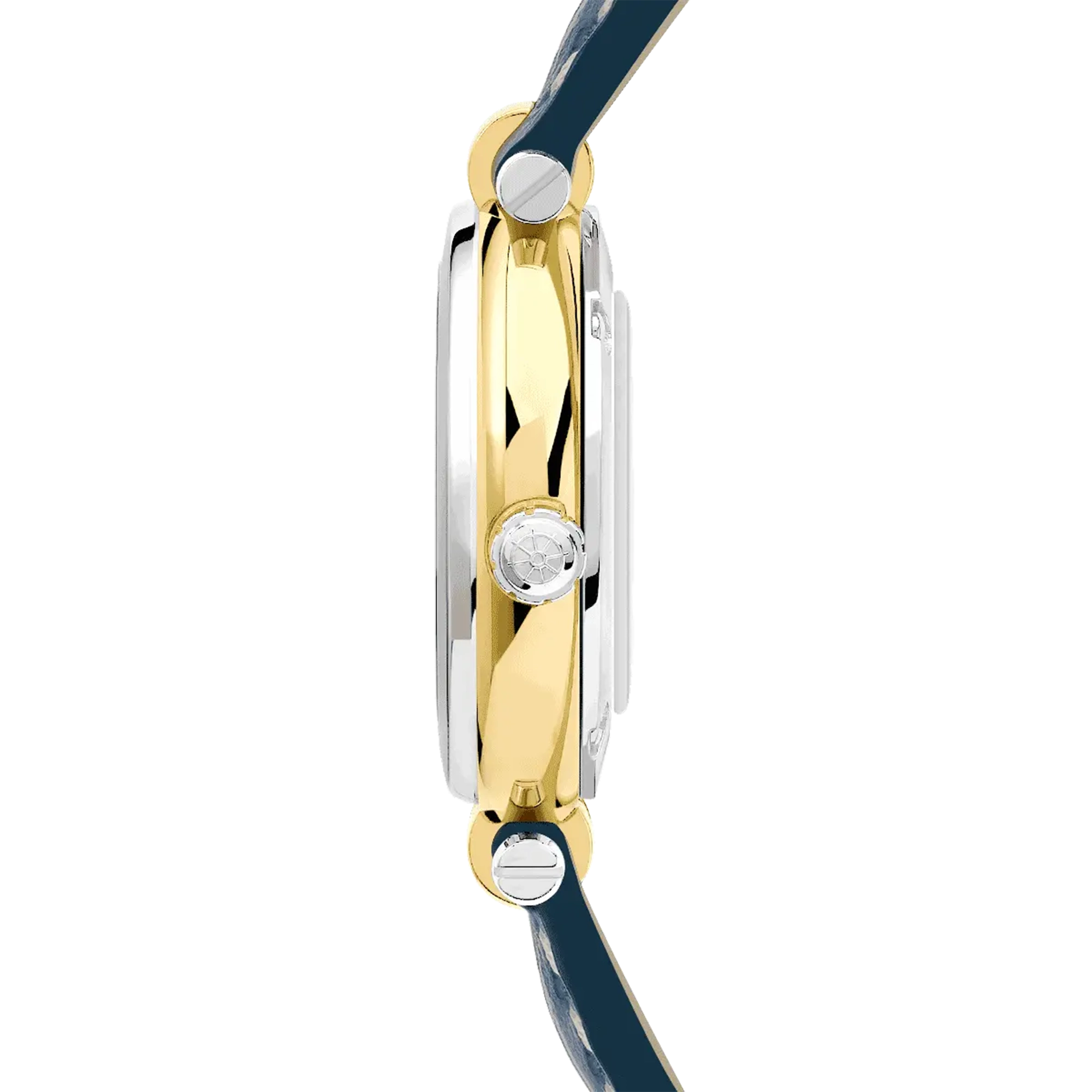 Vue de profil, tranche acier PVD or jaune, couronne et attaches du bracelet cuir