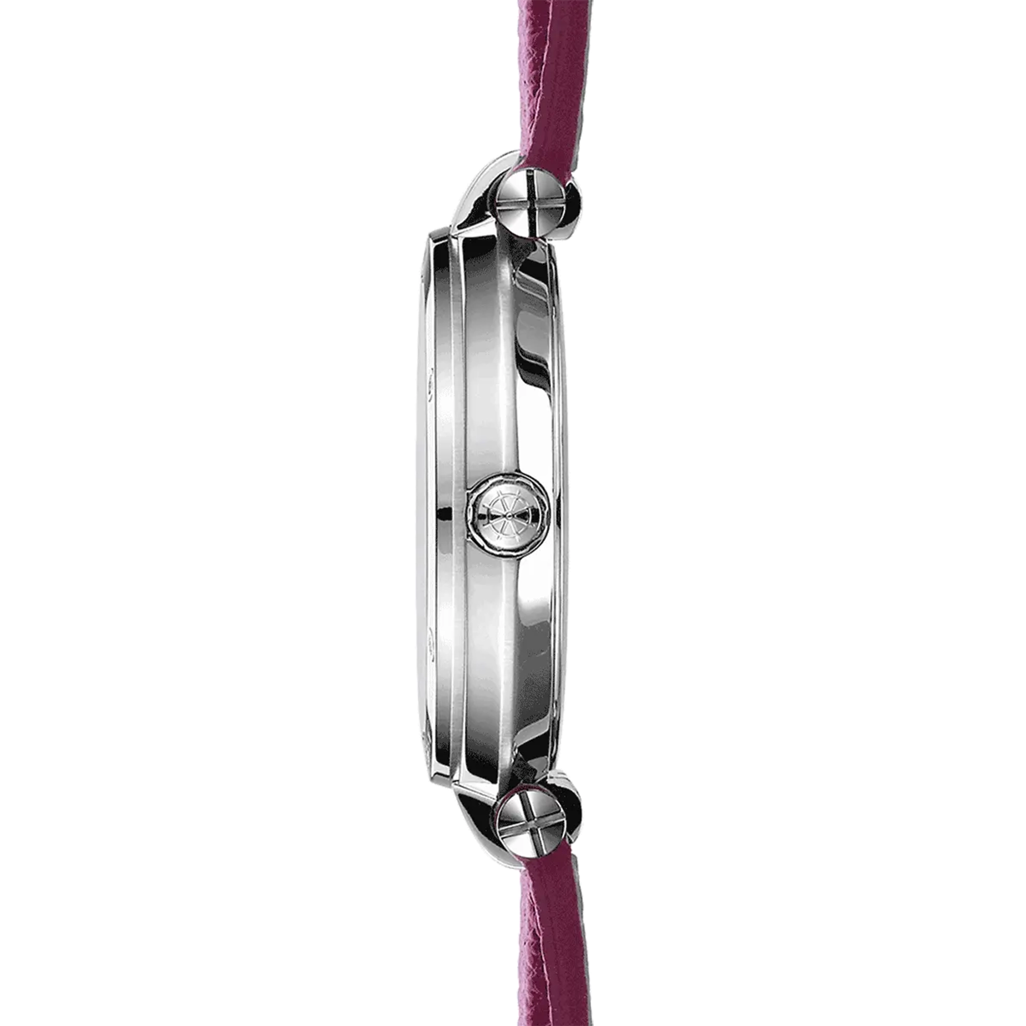 Vue de profil, tranche acier, couronne et attaches du bracelet cuir