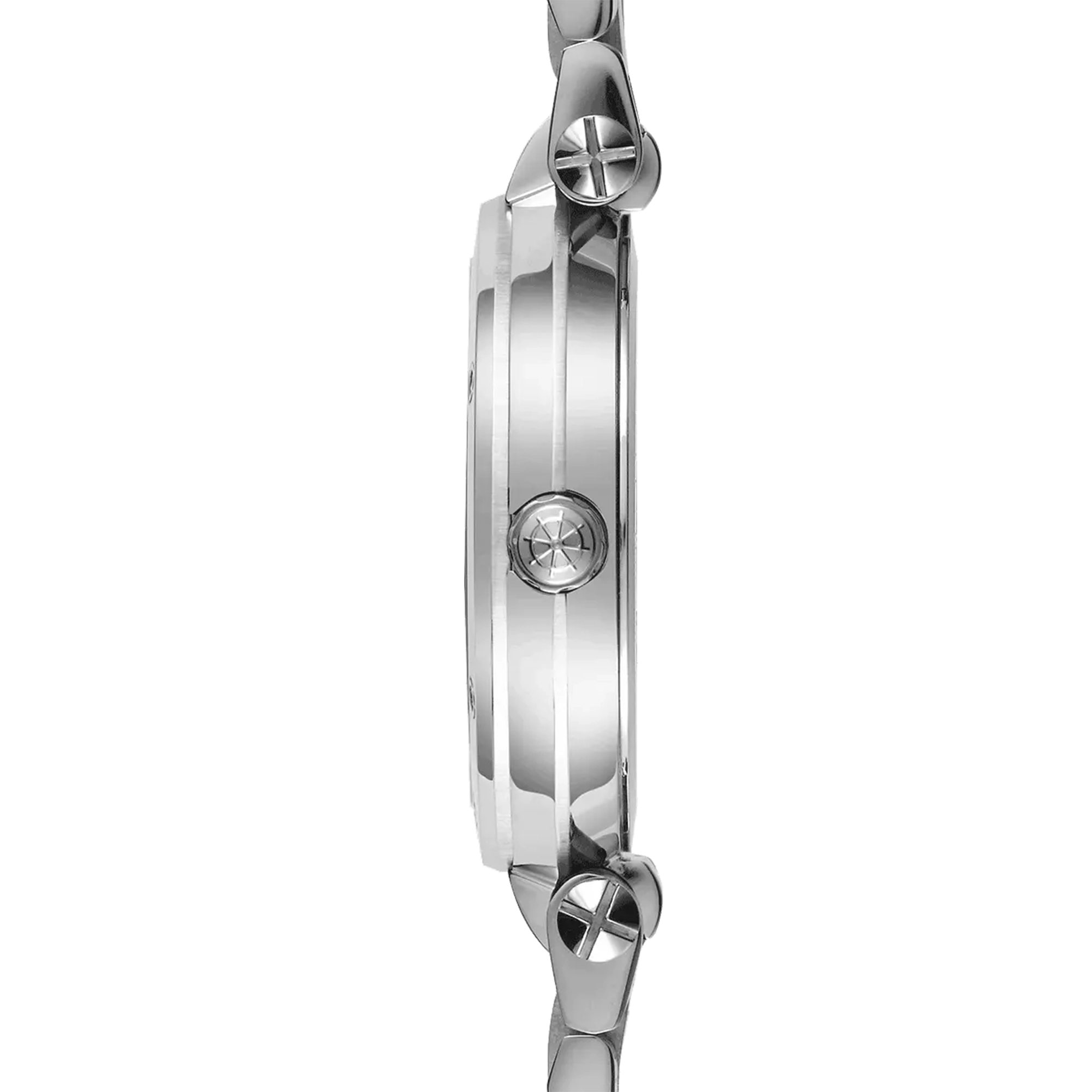 Vue de profil, tranche acier, couronne et attaches du bracelet acier