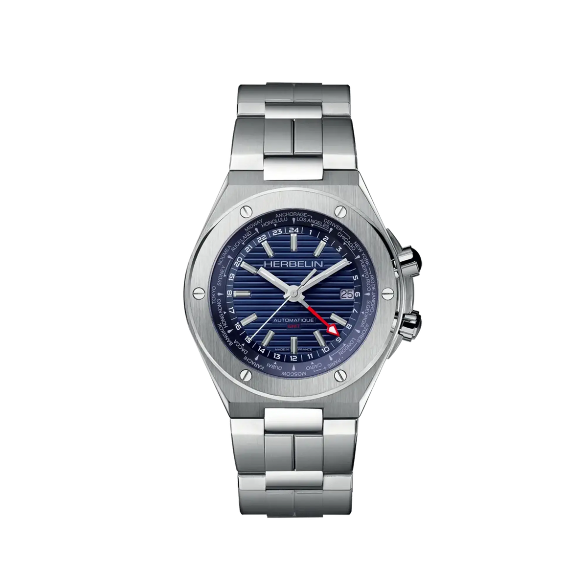 Cap Camarat GMT, blue dial, round steel case, steel bracelet