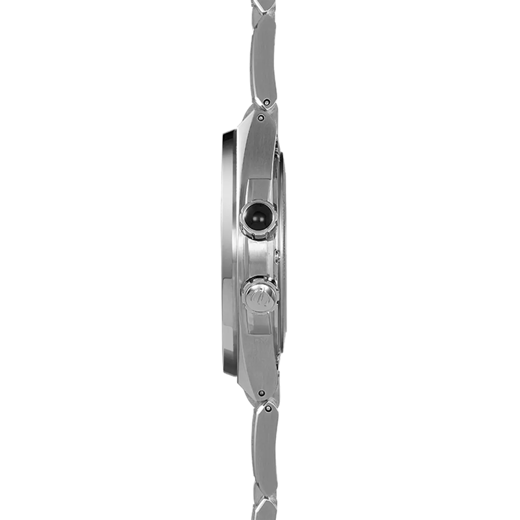 Vue de profil, tranche acier, couronne et attaches du bracelet acier