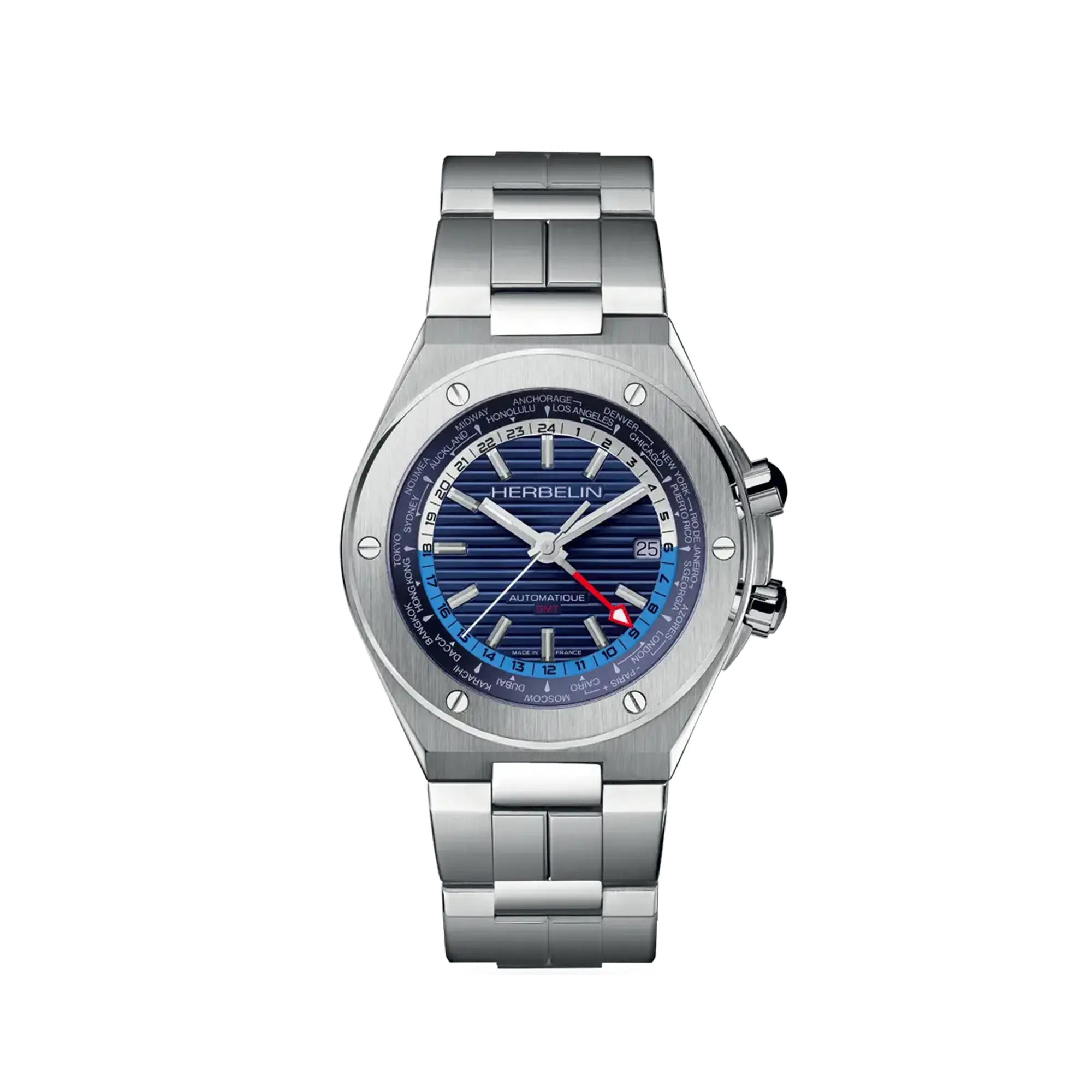 Cap Camarat GMT, cadran argent blanc, boîtier acier rond, bracelet acier