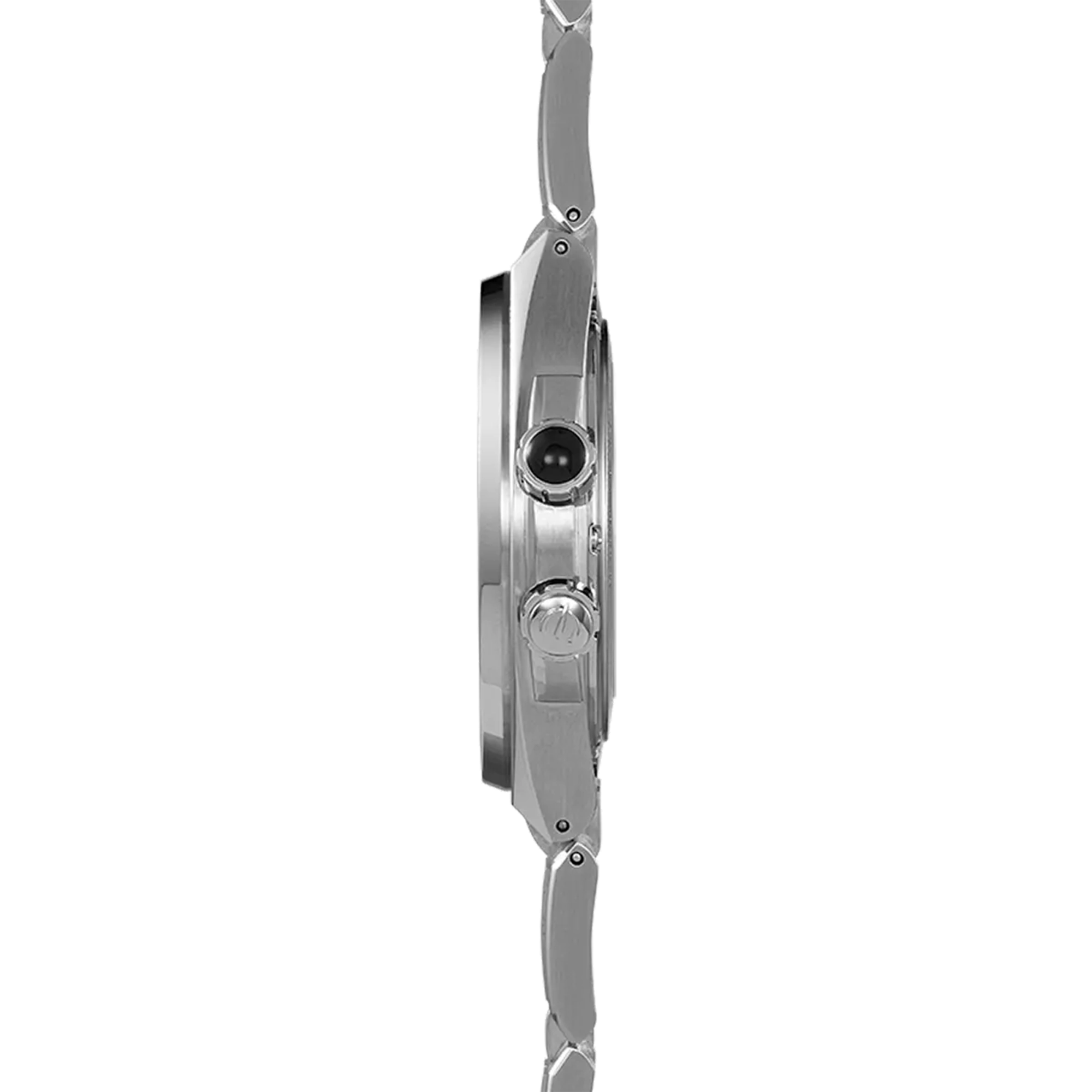 Vue de profil, tranche acier, couronne et attaches du bracelet acier