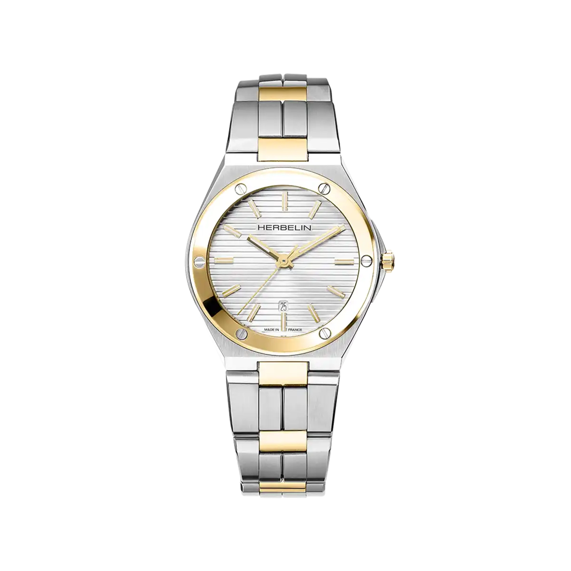 Cap Camarat, quadrante argento bianco, cassa acciaio PVD oro giallo tonda, bracciale acciaio PVD oro rosa