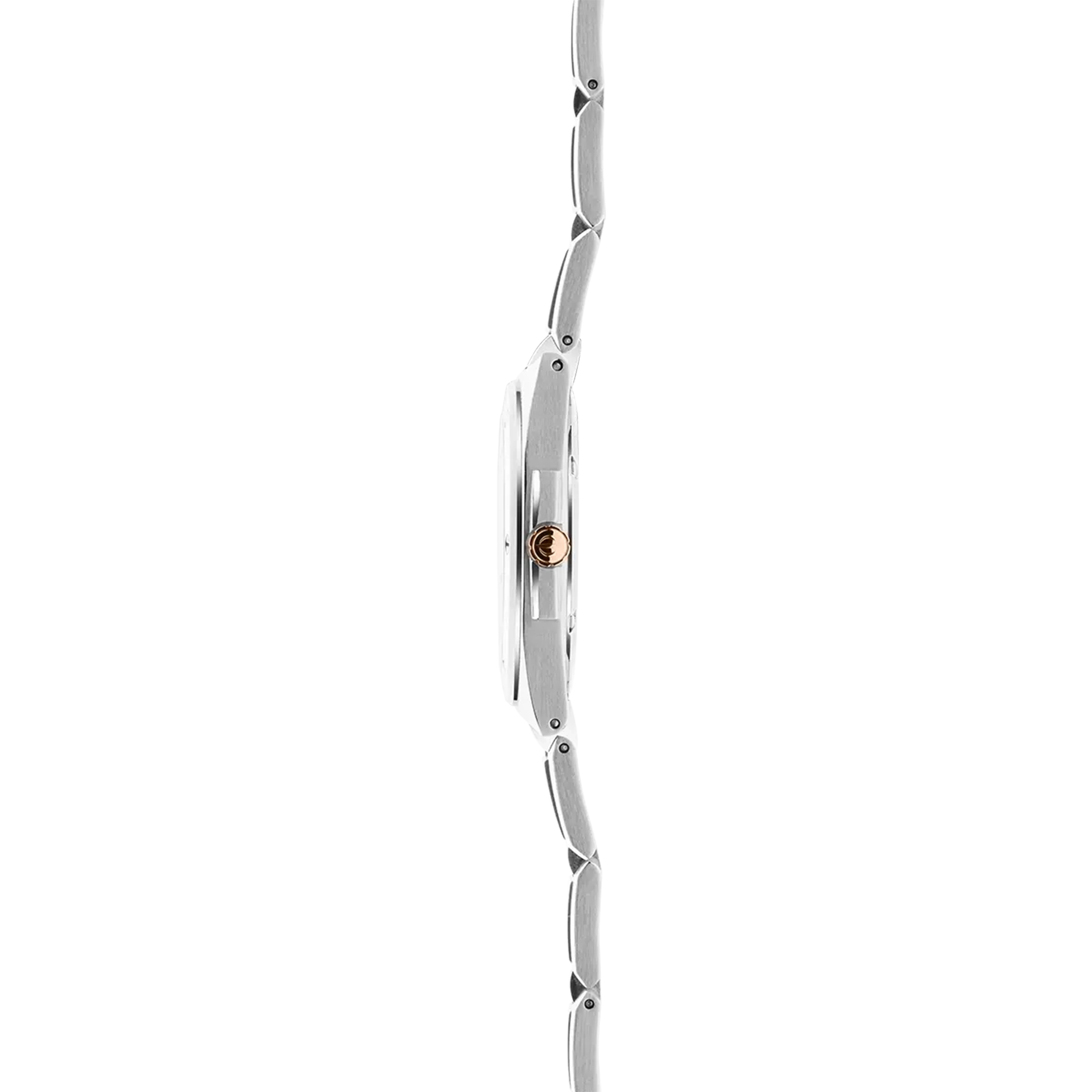 Vue de profil, tranche acier PVD or rose, couronne et attaches du bracelet acier PVD or rose