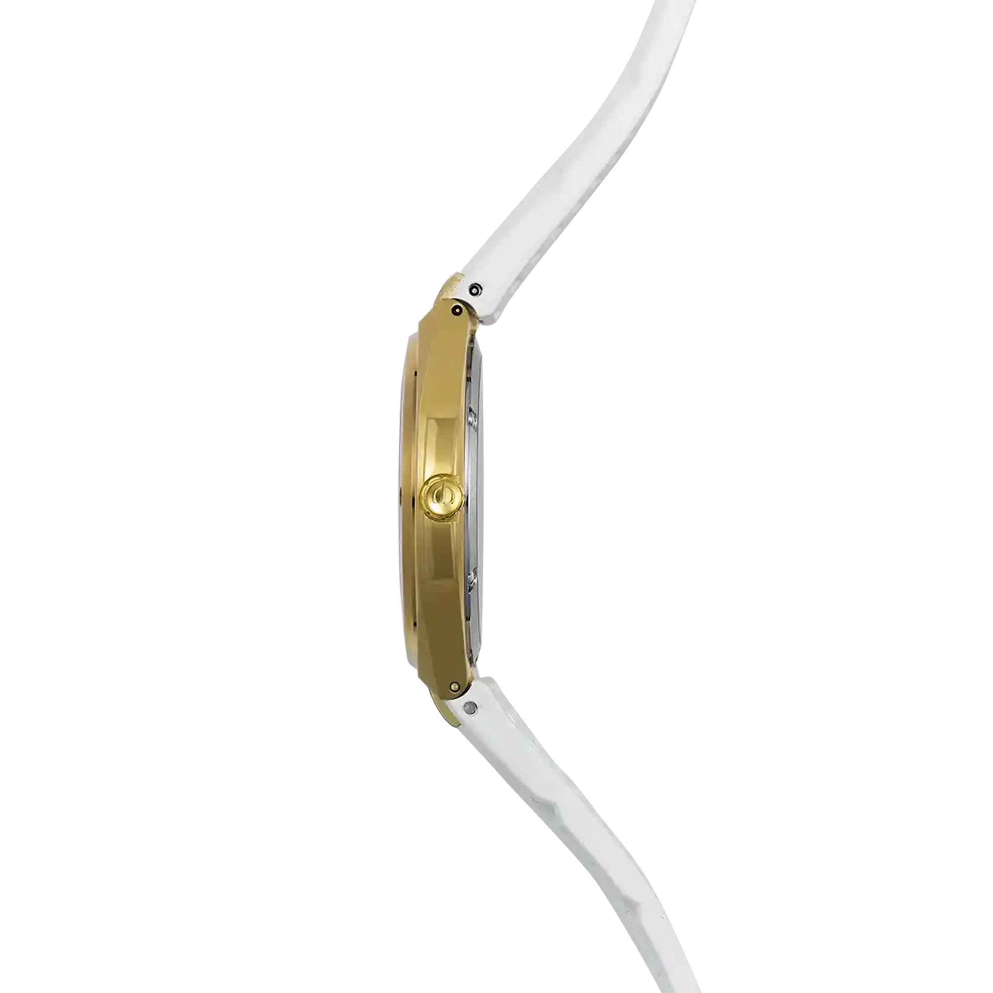 Vue de profil, tranche acier PVD or jaune, couronne et attaches du bracelet caoutchouc