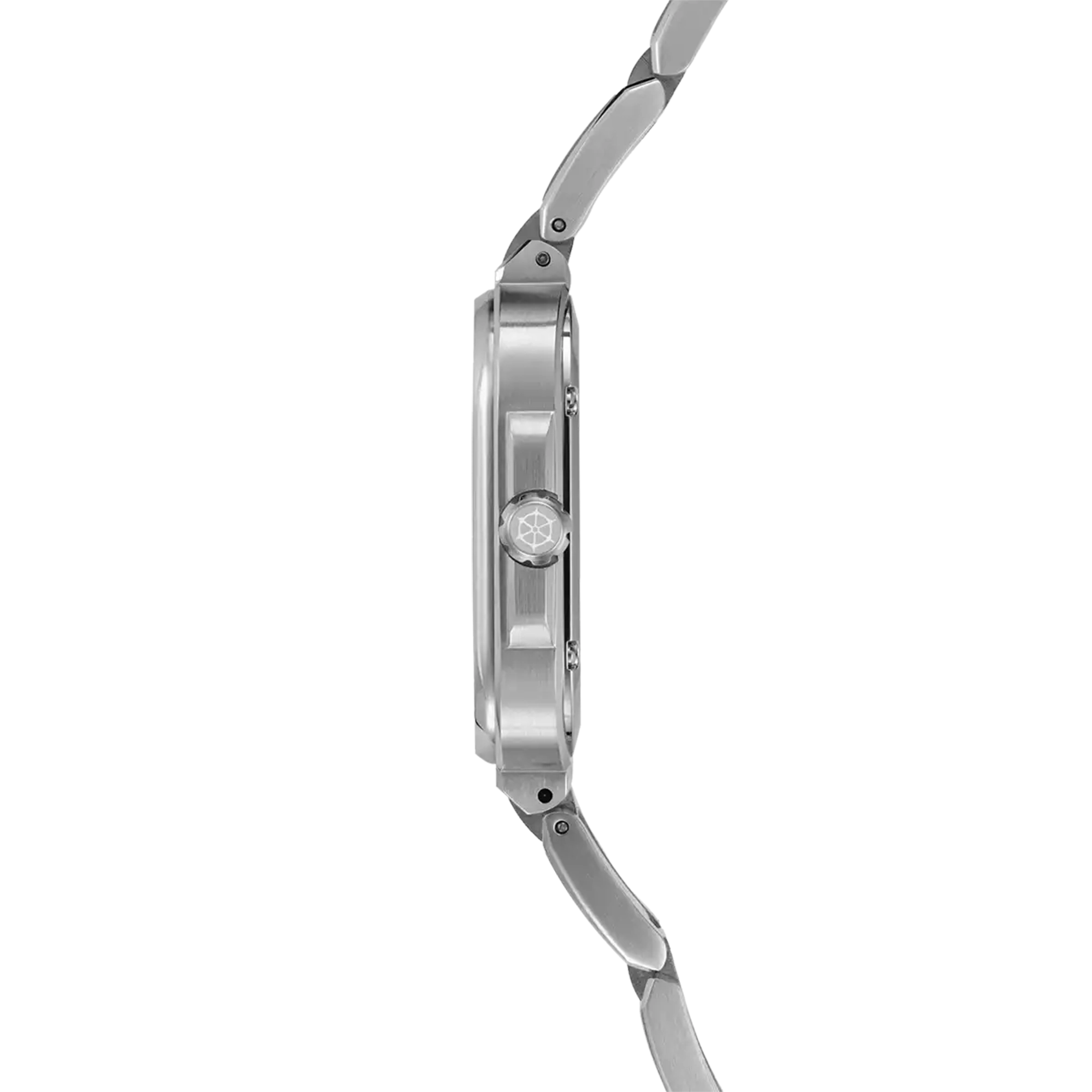 Vue de profil, tranche acier, couronne et attaches du bracelet acier