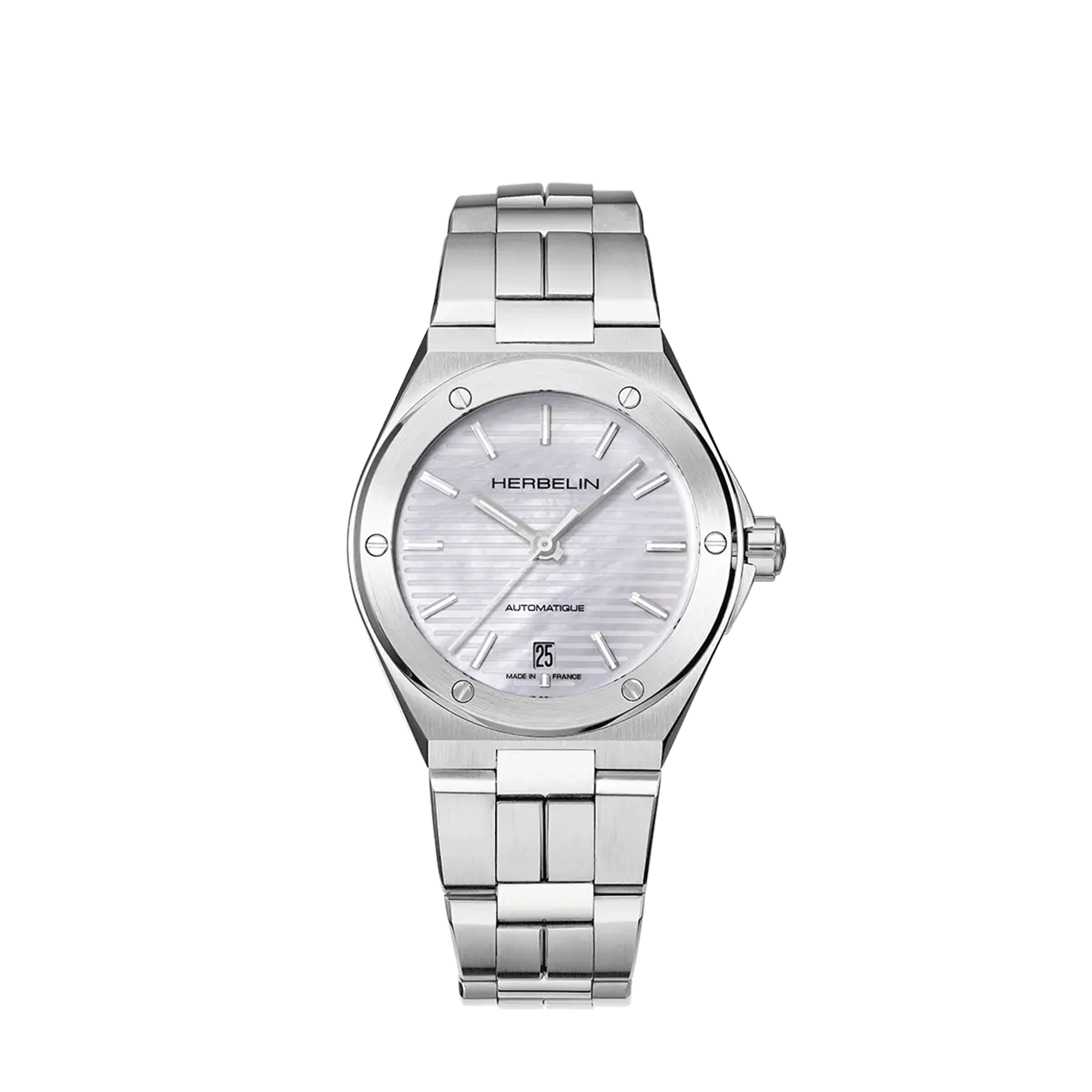 Cap Camarat, cadran nacre blanche, boîtier acier rond, bracelet acier