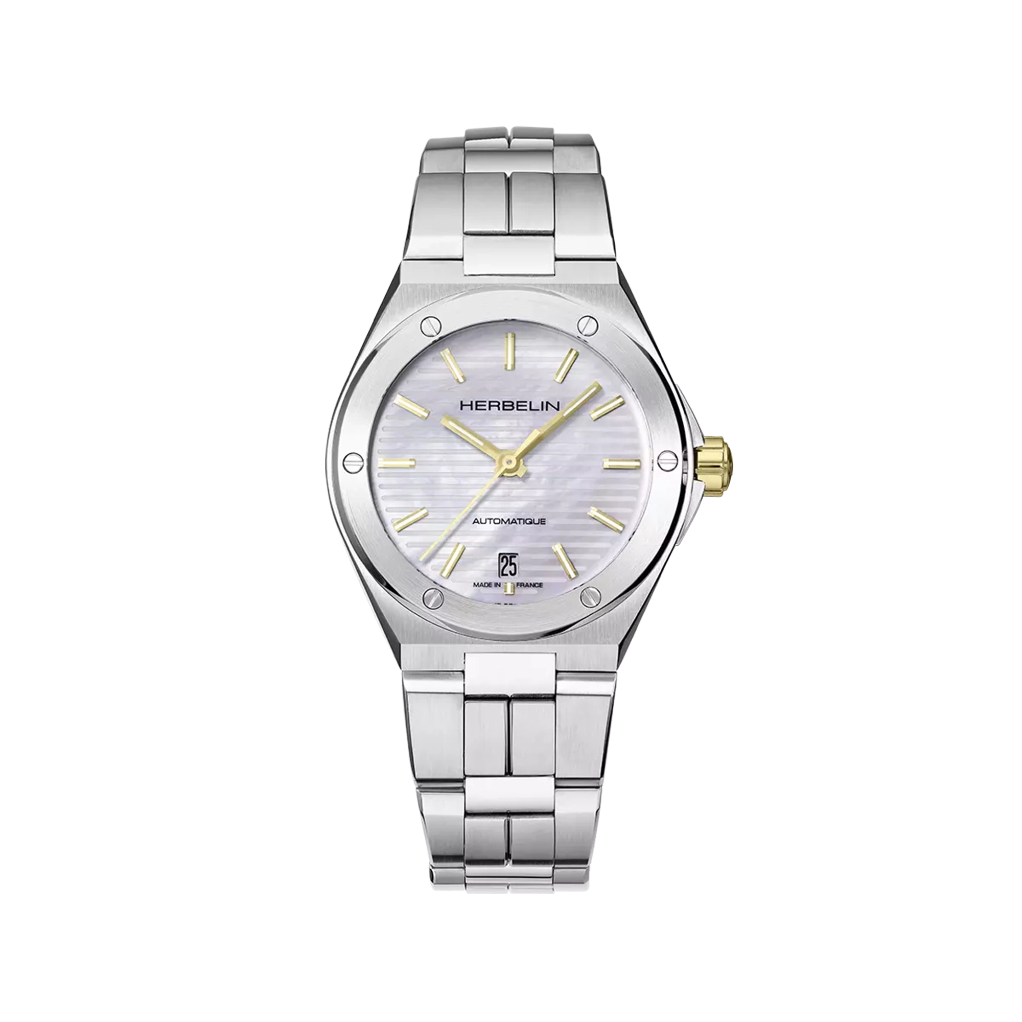 Cap Camarat, cadran nacre blanche, boîtier acier rond, bracelet acier