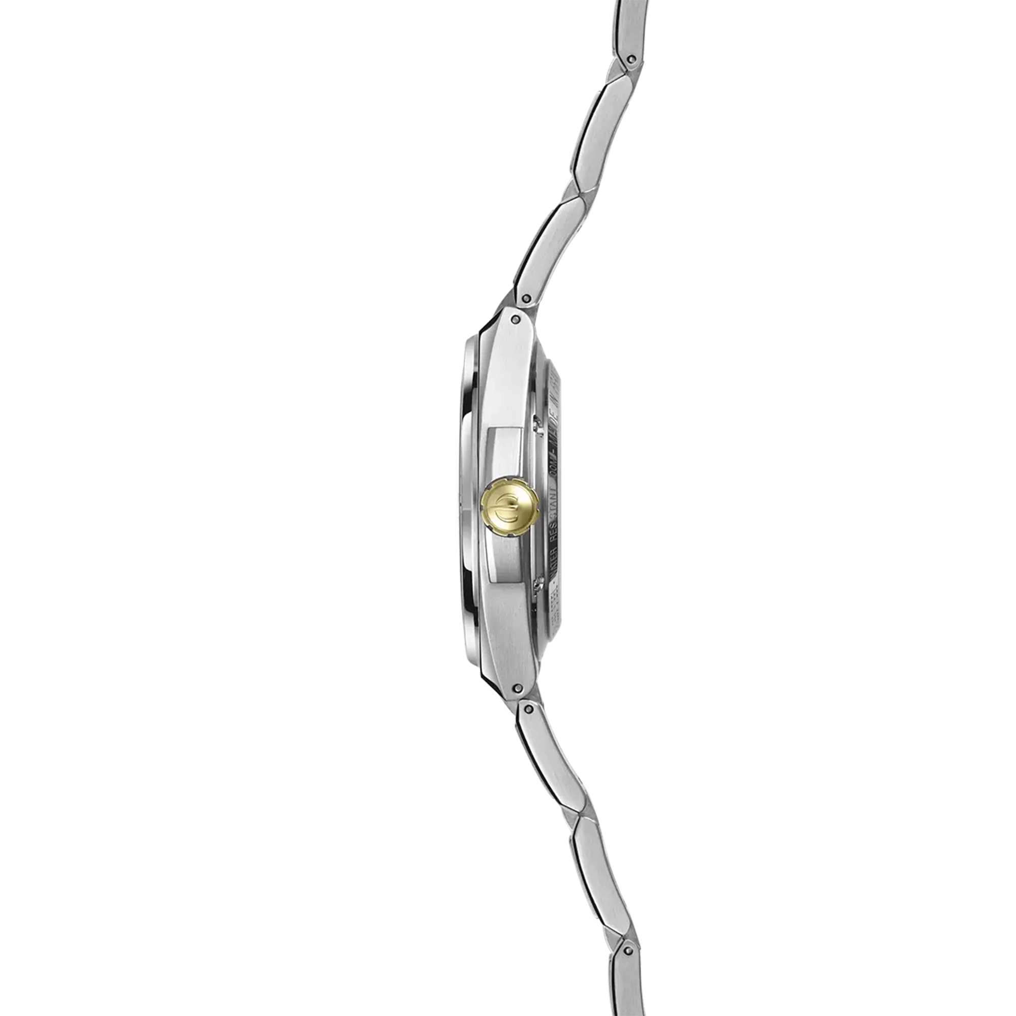 Vue de profil, tranche acier, couronne et attaches du bracelet acier
