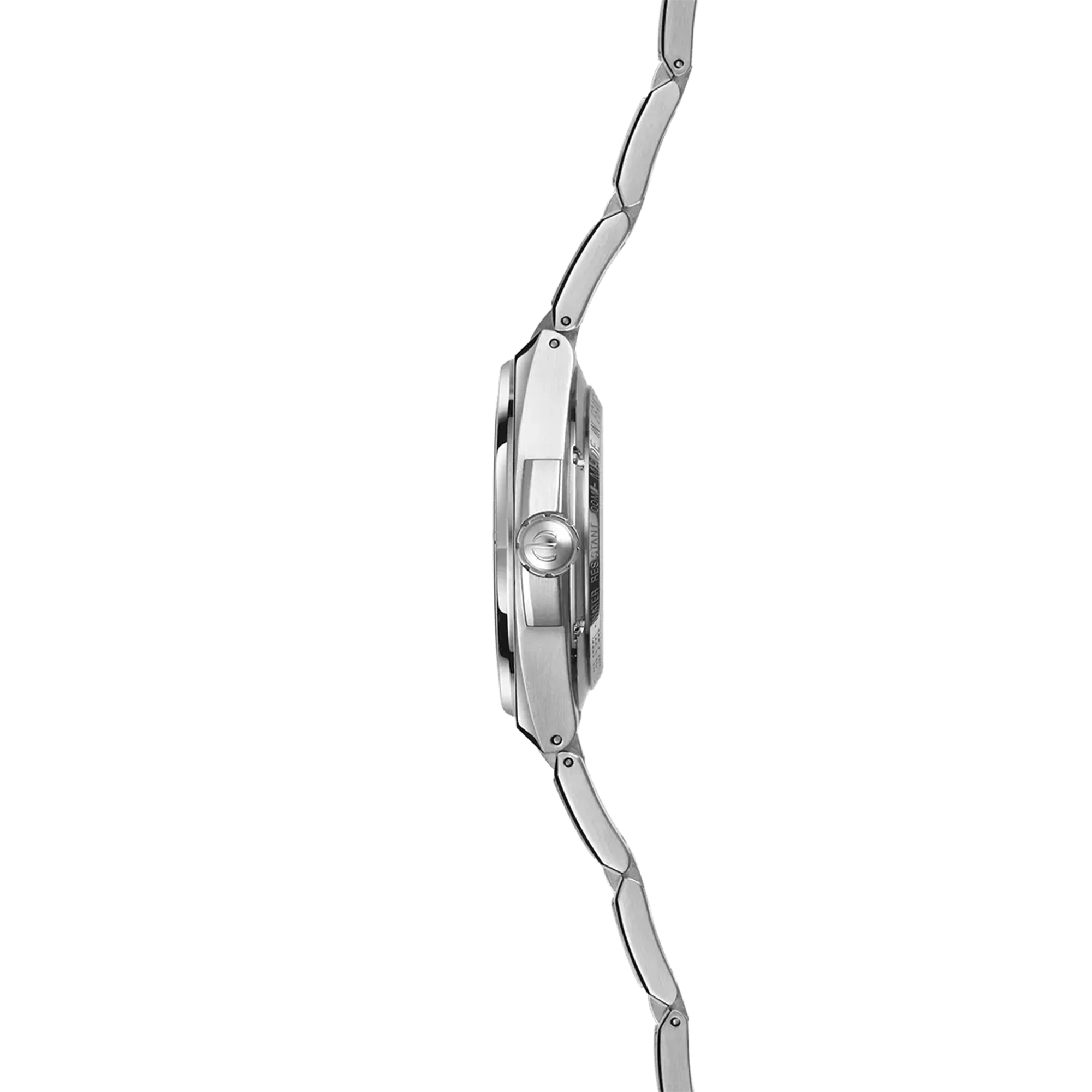 Vue de profil, tranche acier, couronne et attaches du bracelet acier