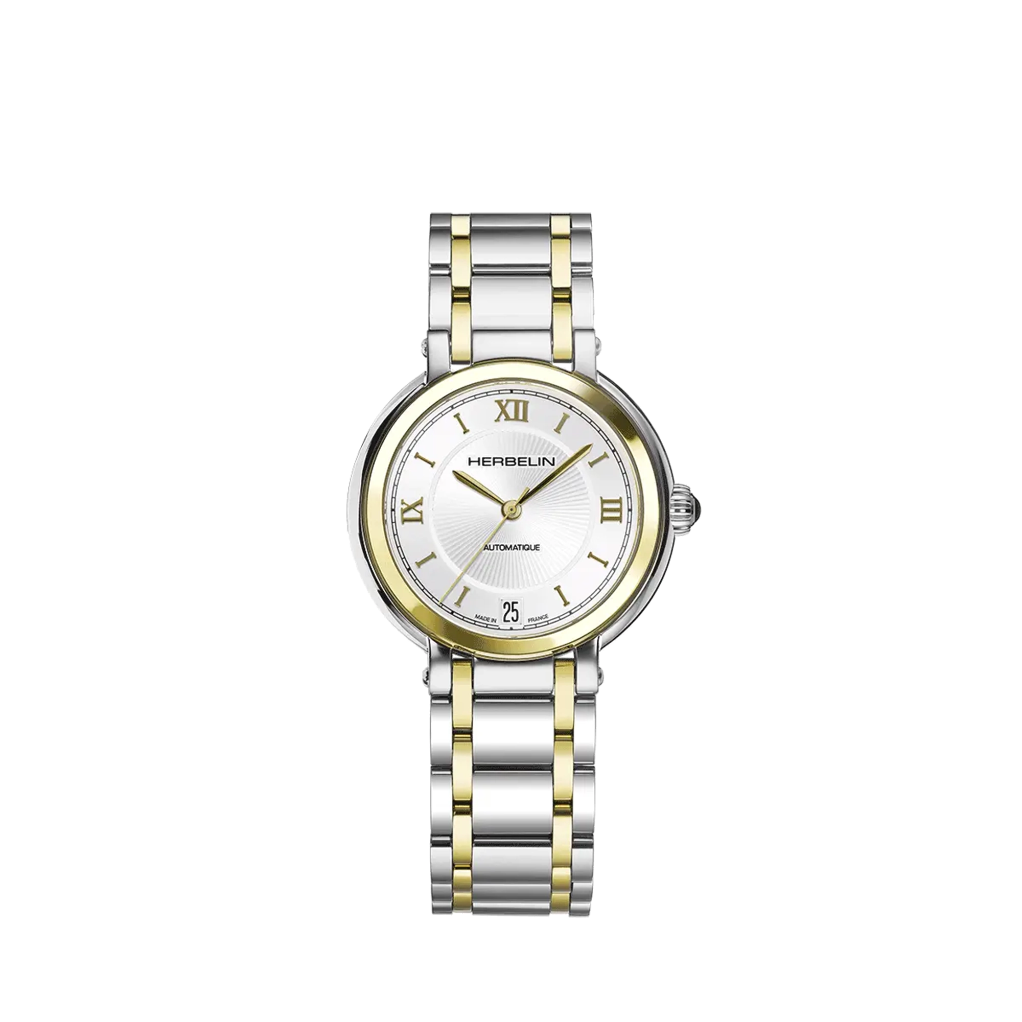 Galet, cadran argent guilloché, boîtier acier PVD or jaune rond, bracelet acier bicolore