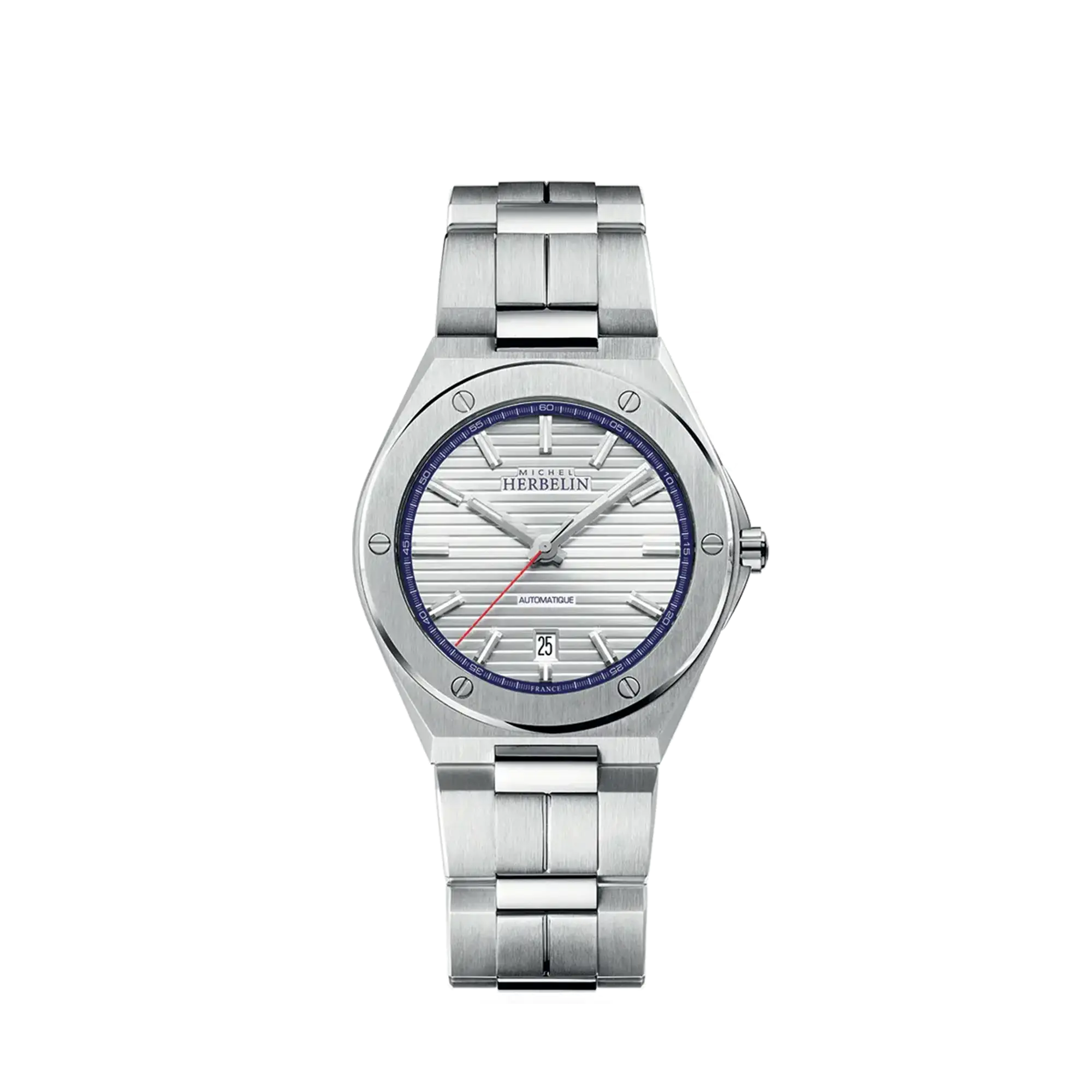 Cap Camarat, cadran argent blanc, boîtier acier rond, bracelet acier