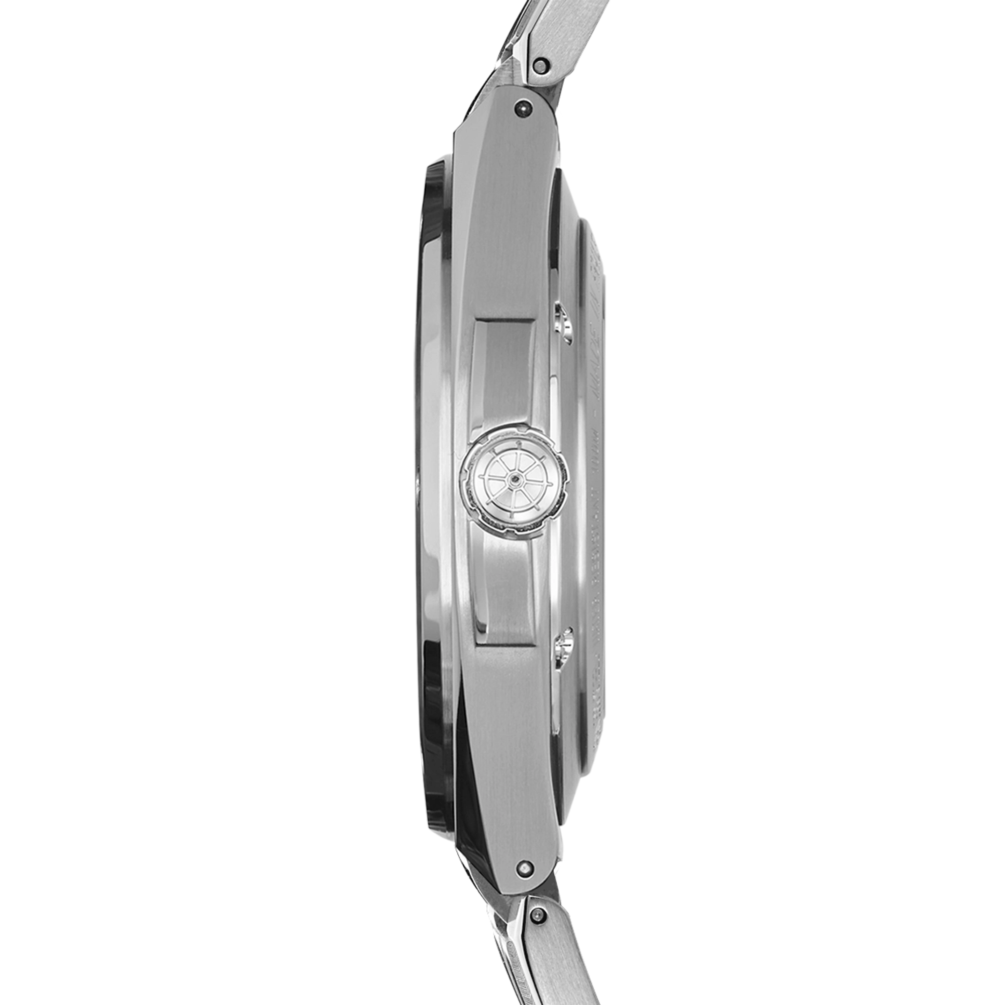 Vue de profil, tranche acier, couronne et attaches du bracelet acier
