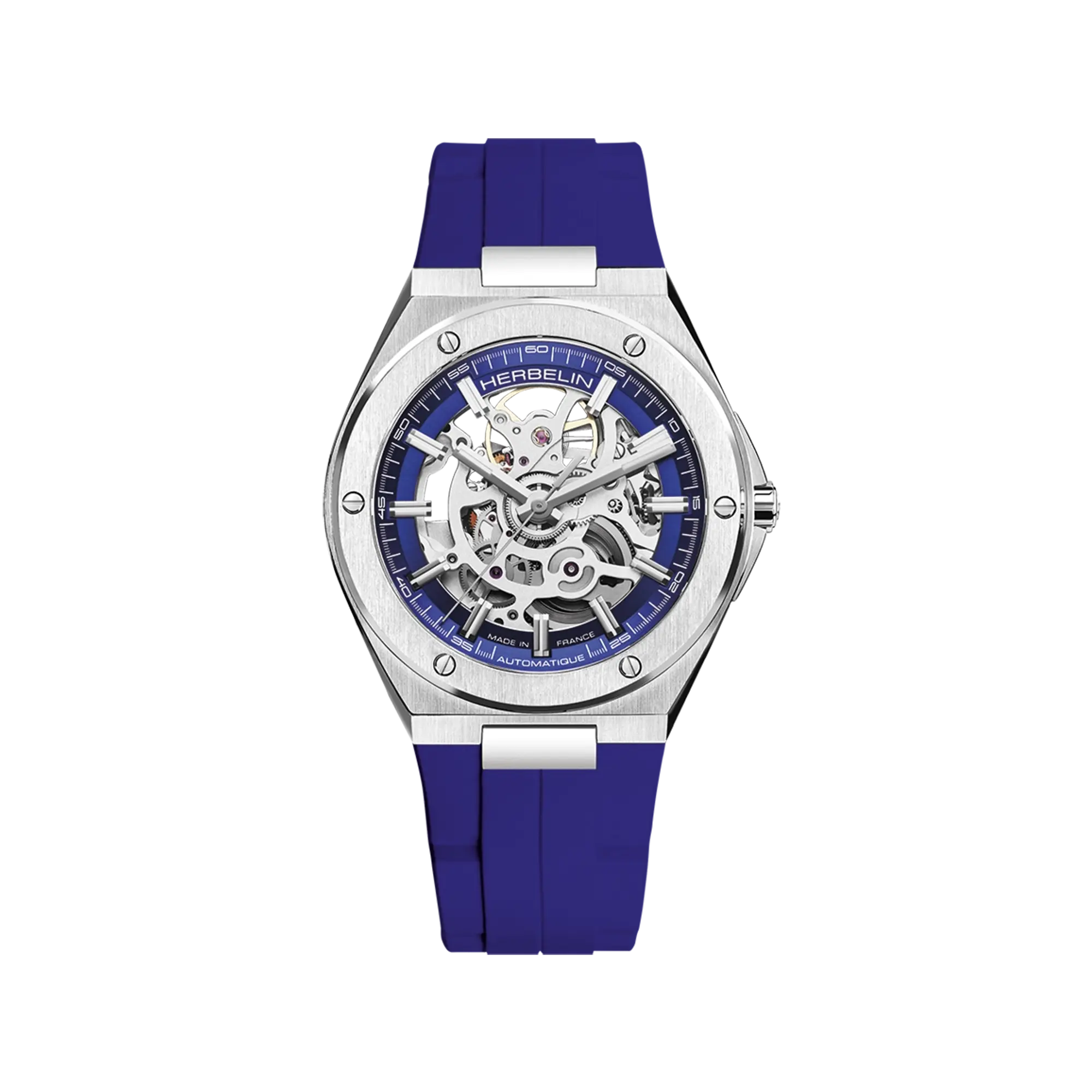 Cap Camarat squelette, cadran bleu cobalt, boîtier acier rond, bracelet caoutchouc