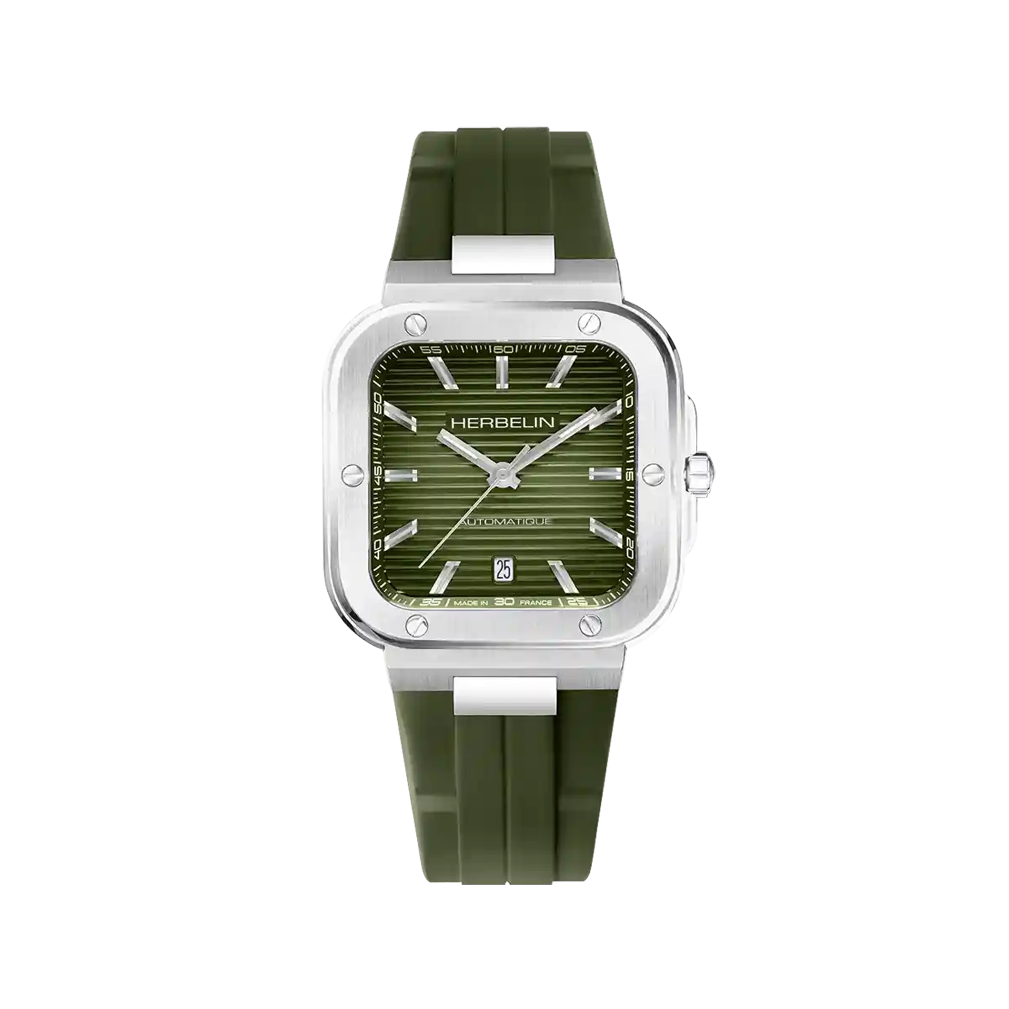 Cap Camarat, cadran vert kaki, boîtier carré acier, bracelet caoutchouc