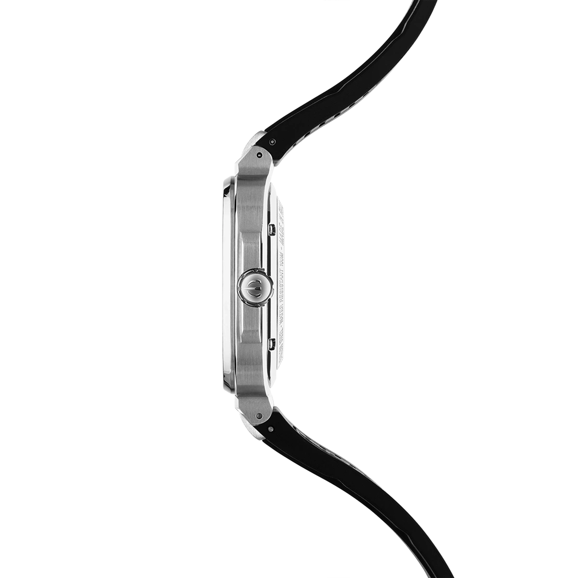 Vue de profil, tranche acier, couronne et attaches du bracelet caoutchouc