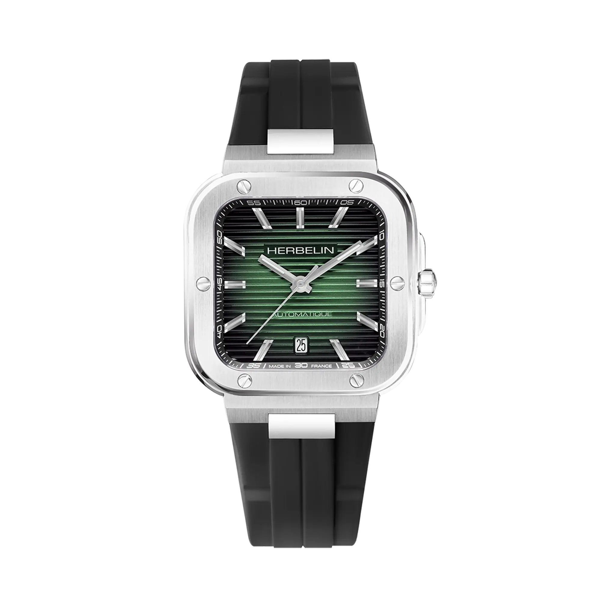 Cap Camarat, cadran noir, boîtier carré acier, bracelet caoutchouc