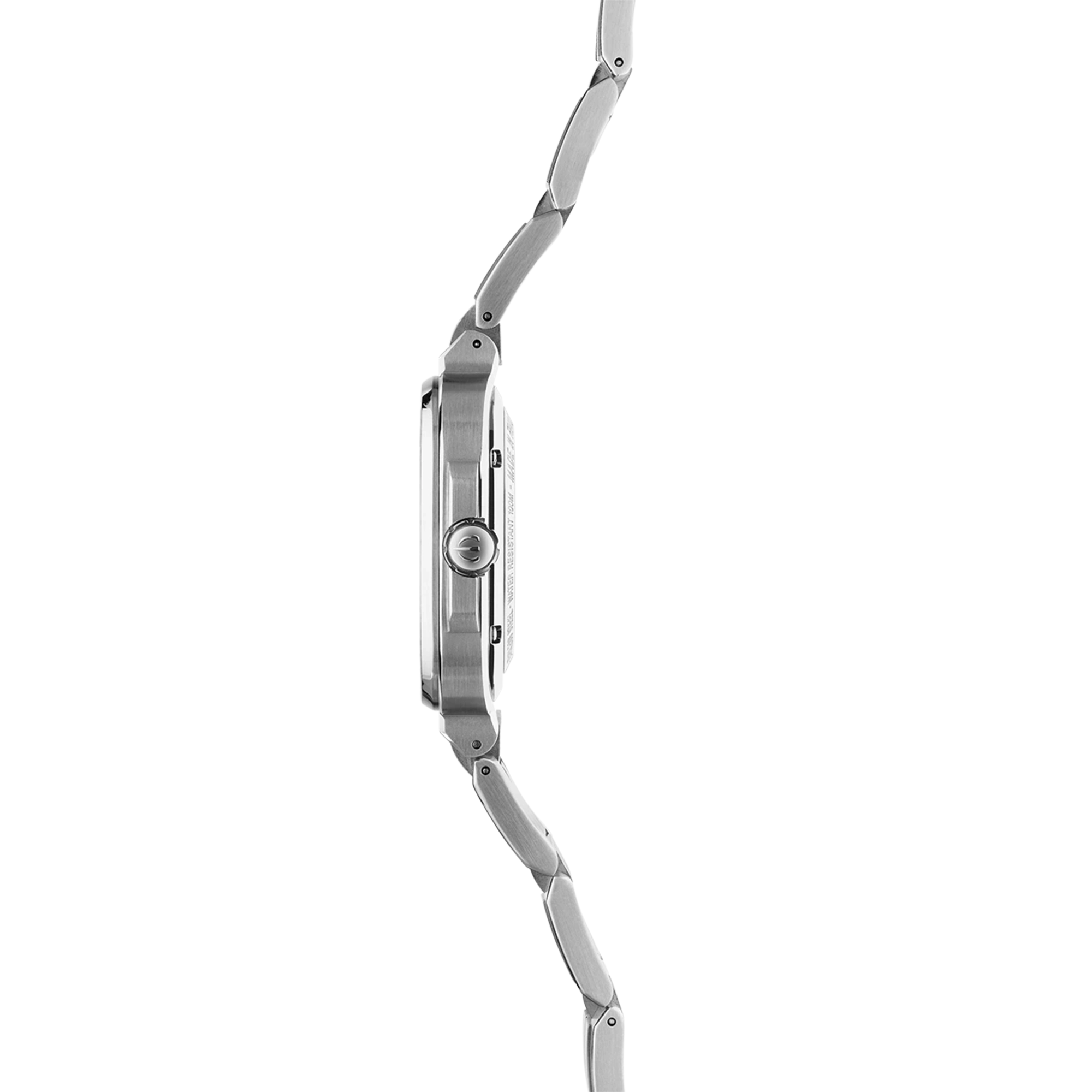 Vue de profil, tranche acier, couronne et attaches du bracelet acier