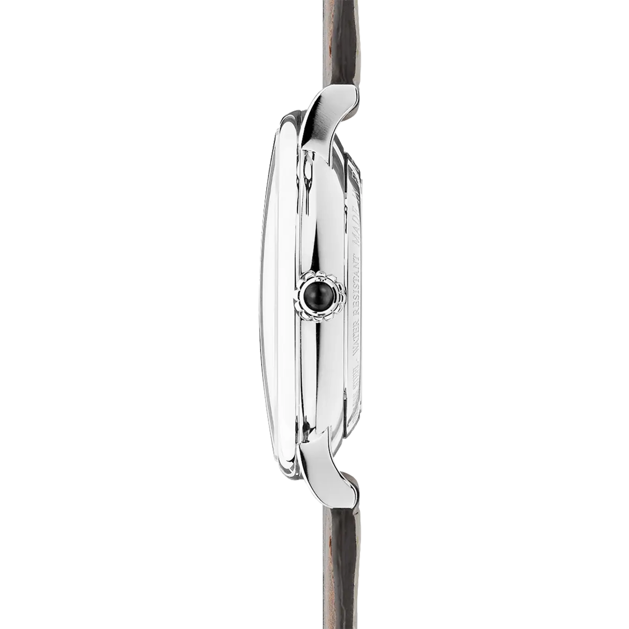 Vue de profil, tranche acier, couronne et attaches du bracelet cuir