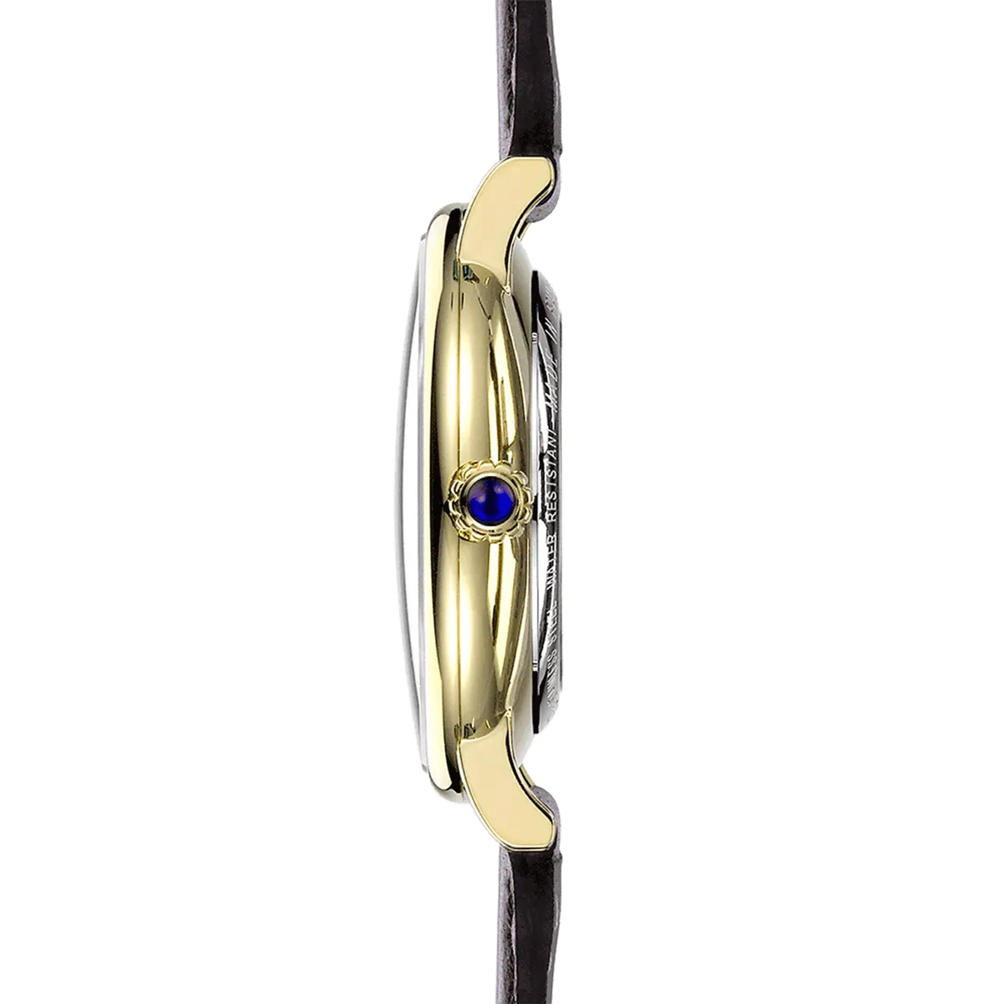 Vue de profil, tranche acier PVD or jaune, couronne et attaches du bracelet cuir