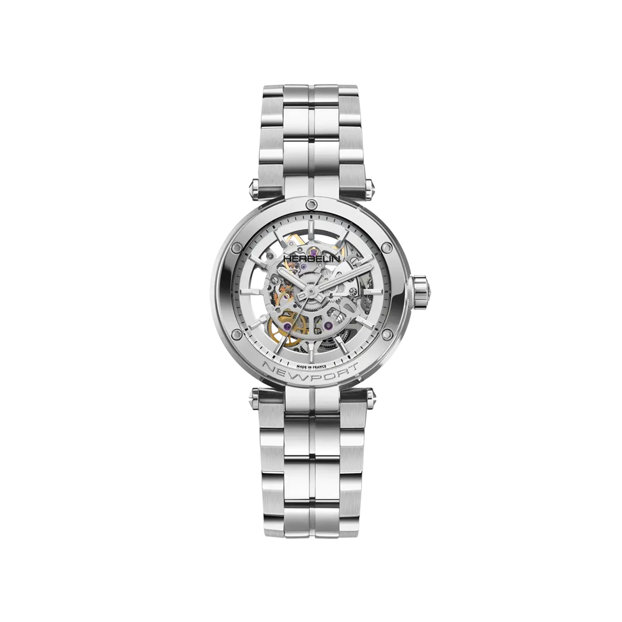 Newport squelette, cadran argent, boîtier acier rond, bracelet acier
