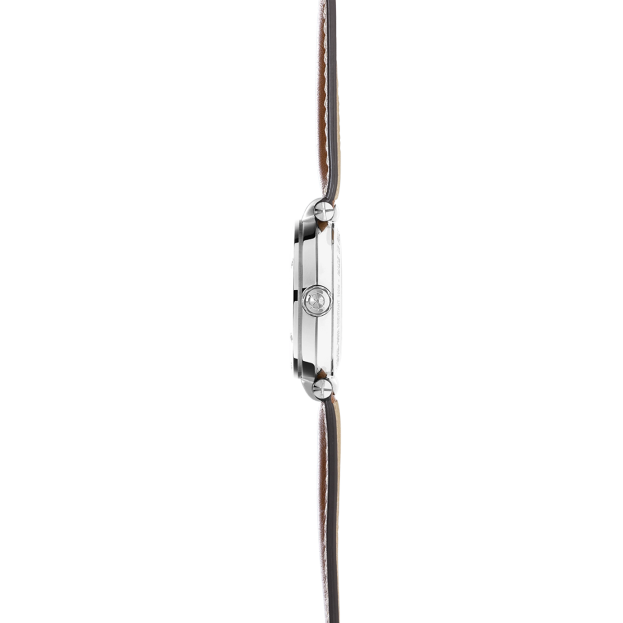 Vue de profil, tranche acier, couronne et attaches du bracelet cuir