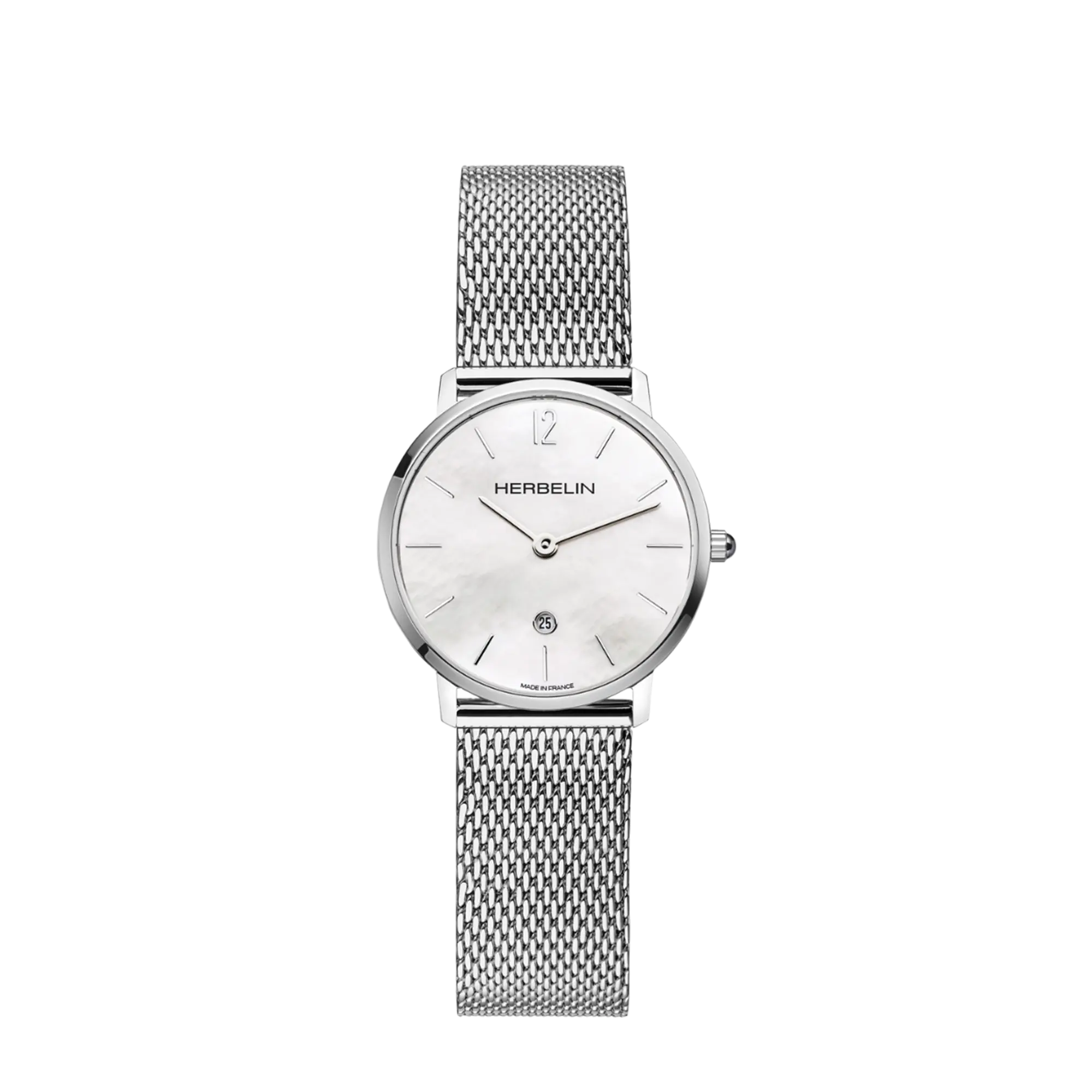 City, cadran nacre blanche, boîtier acier rond, bracelet acier