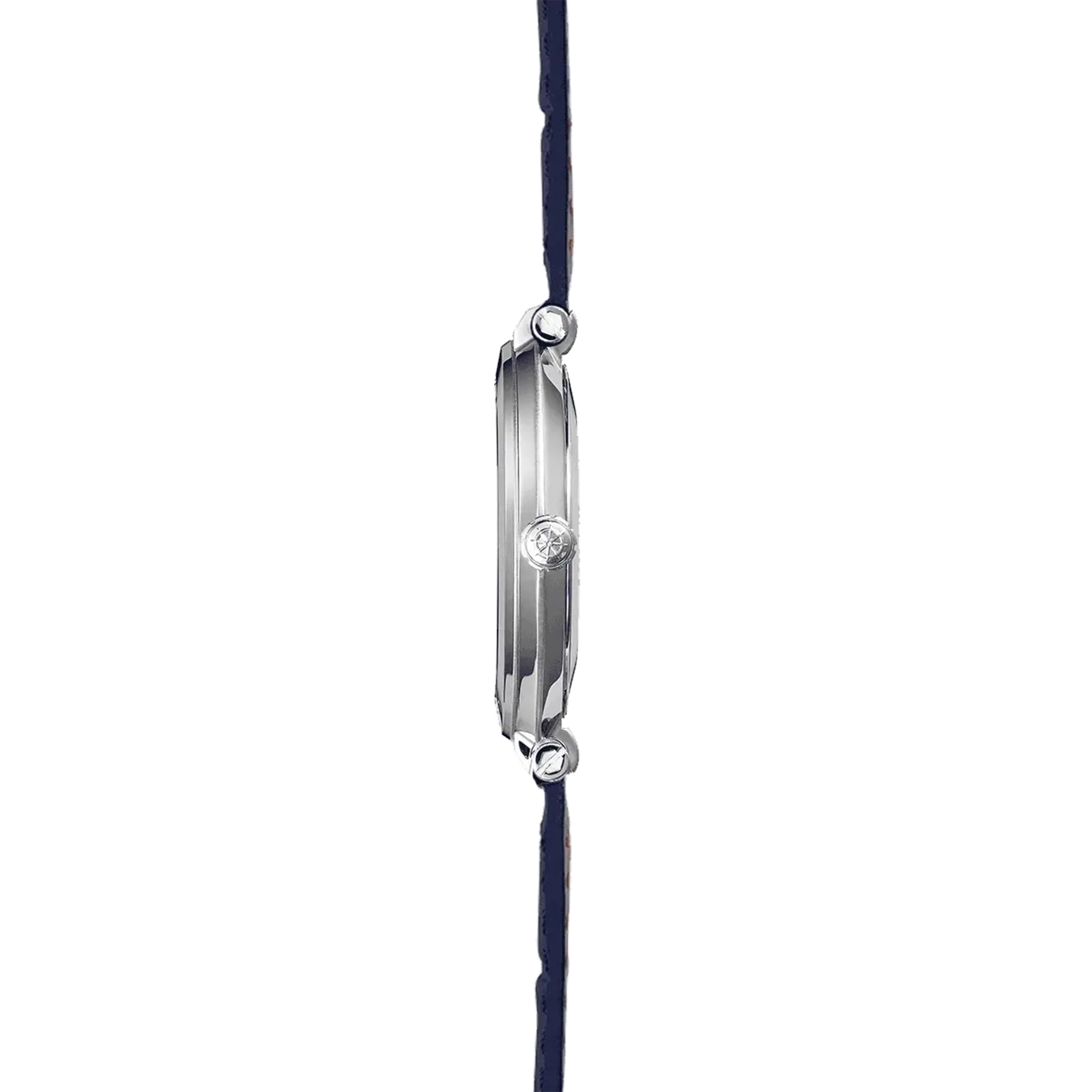 Vue de profil, tranche acier, couronne et attaches du bracelet cuir