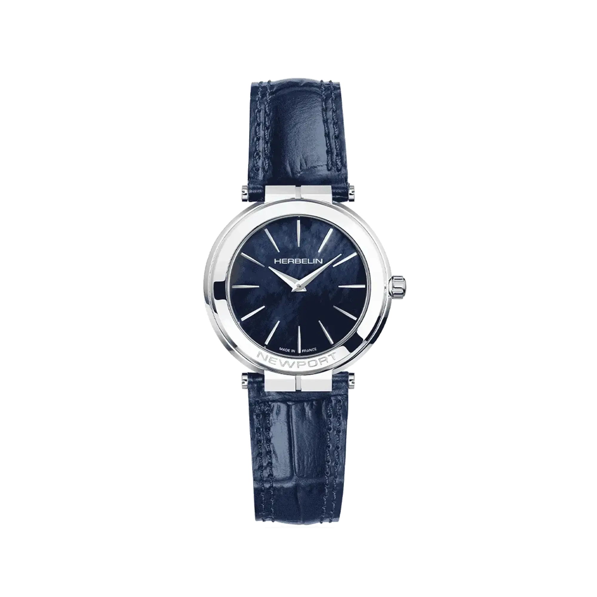 Newport, cadran nacre bleue, boîtier acier rond, bracelet cuir