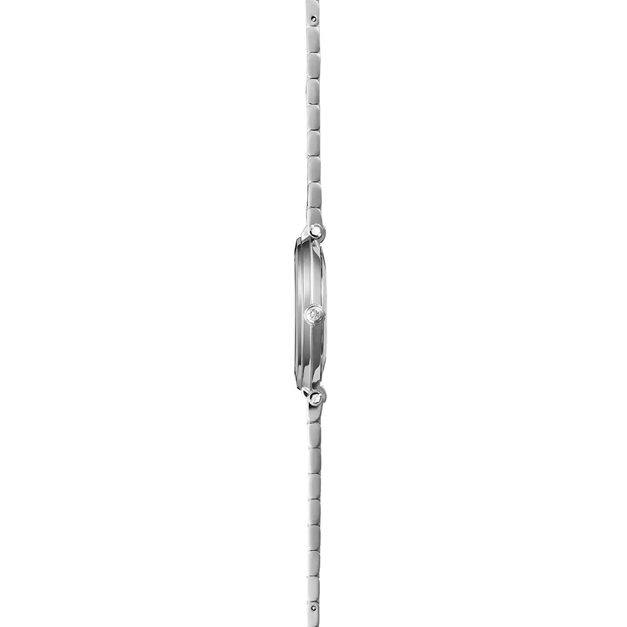 Vue de profil, tranche acier, couronne et attaches du bracelet acier